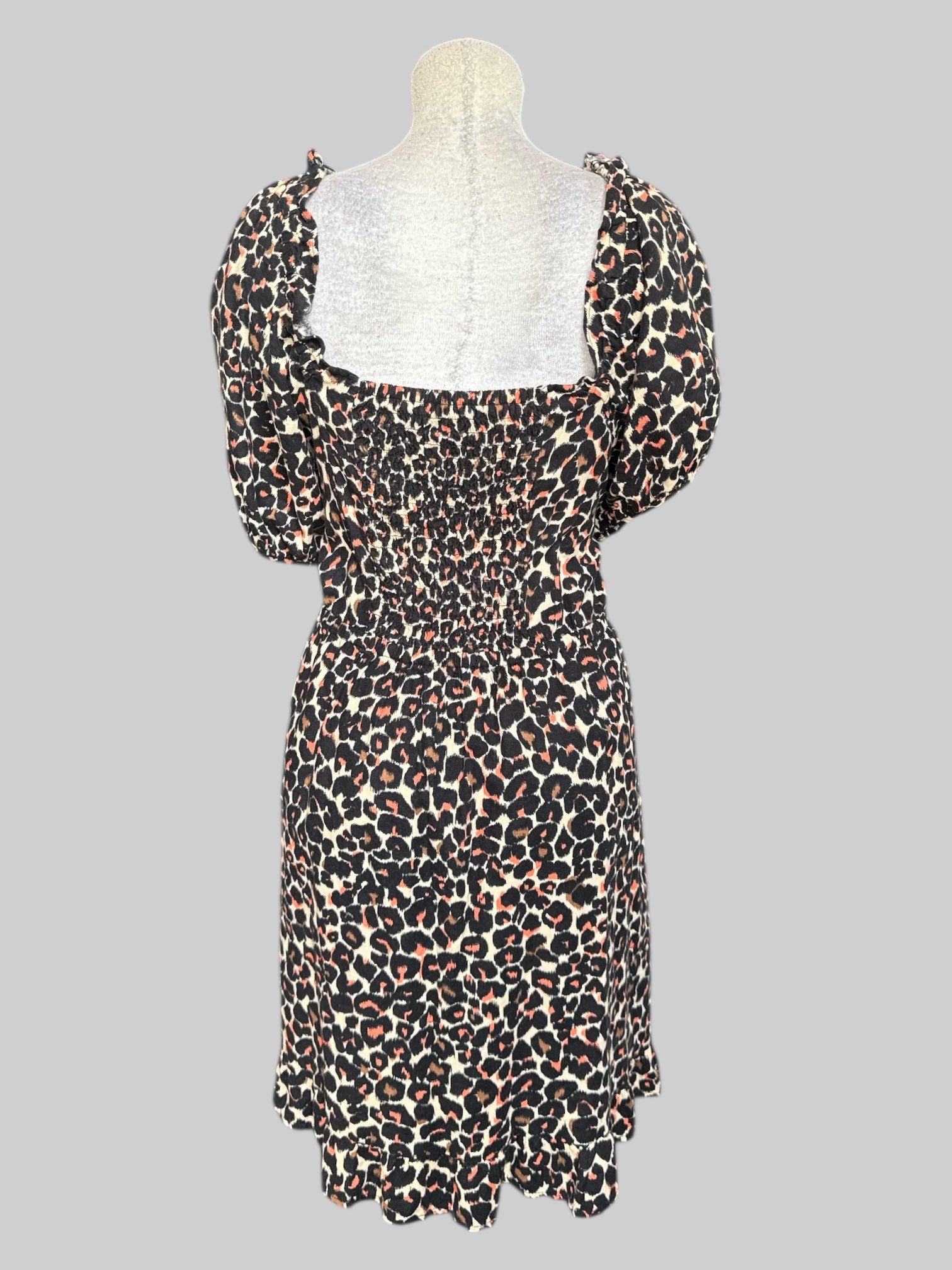 2X tan dress with black brown and pink animal, print dress with balloon sleeves and shirred back