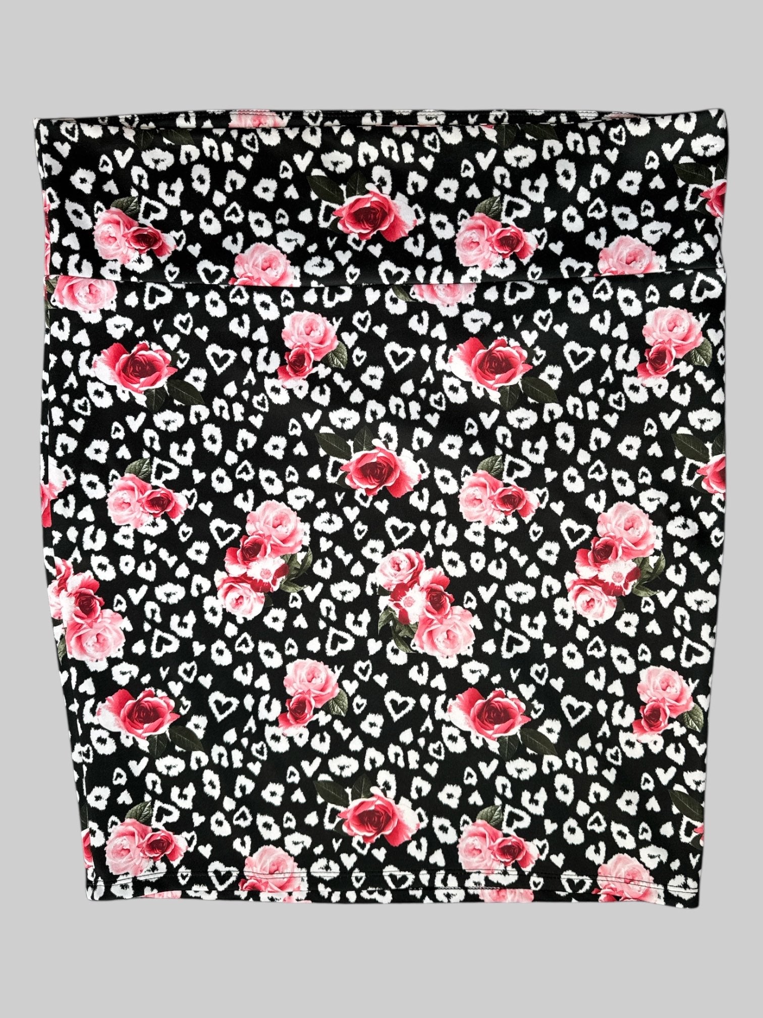 3X Black and white animal print body con skirt with pink roses