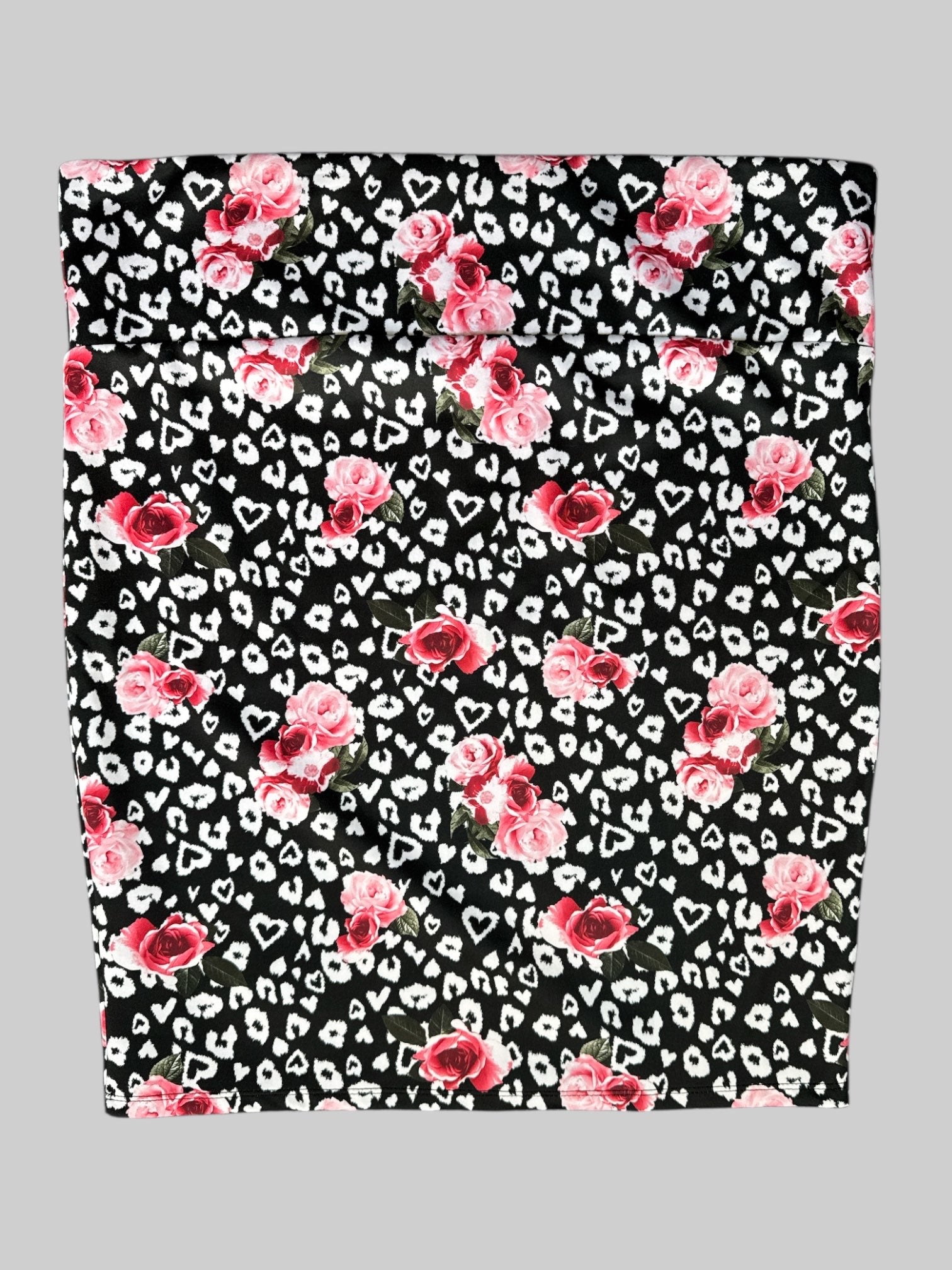 3X Black and white animal print body con skirt with pink roses