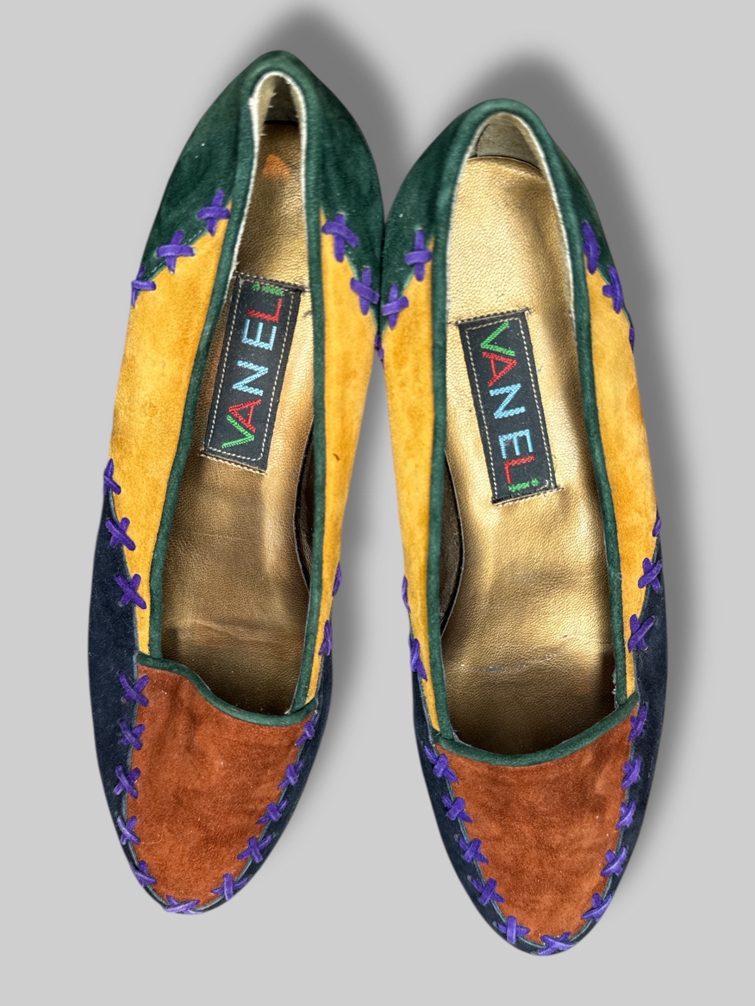 vintage green, yellow, black, and brown  color block flats with purple stitches size 6.5