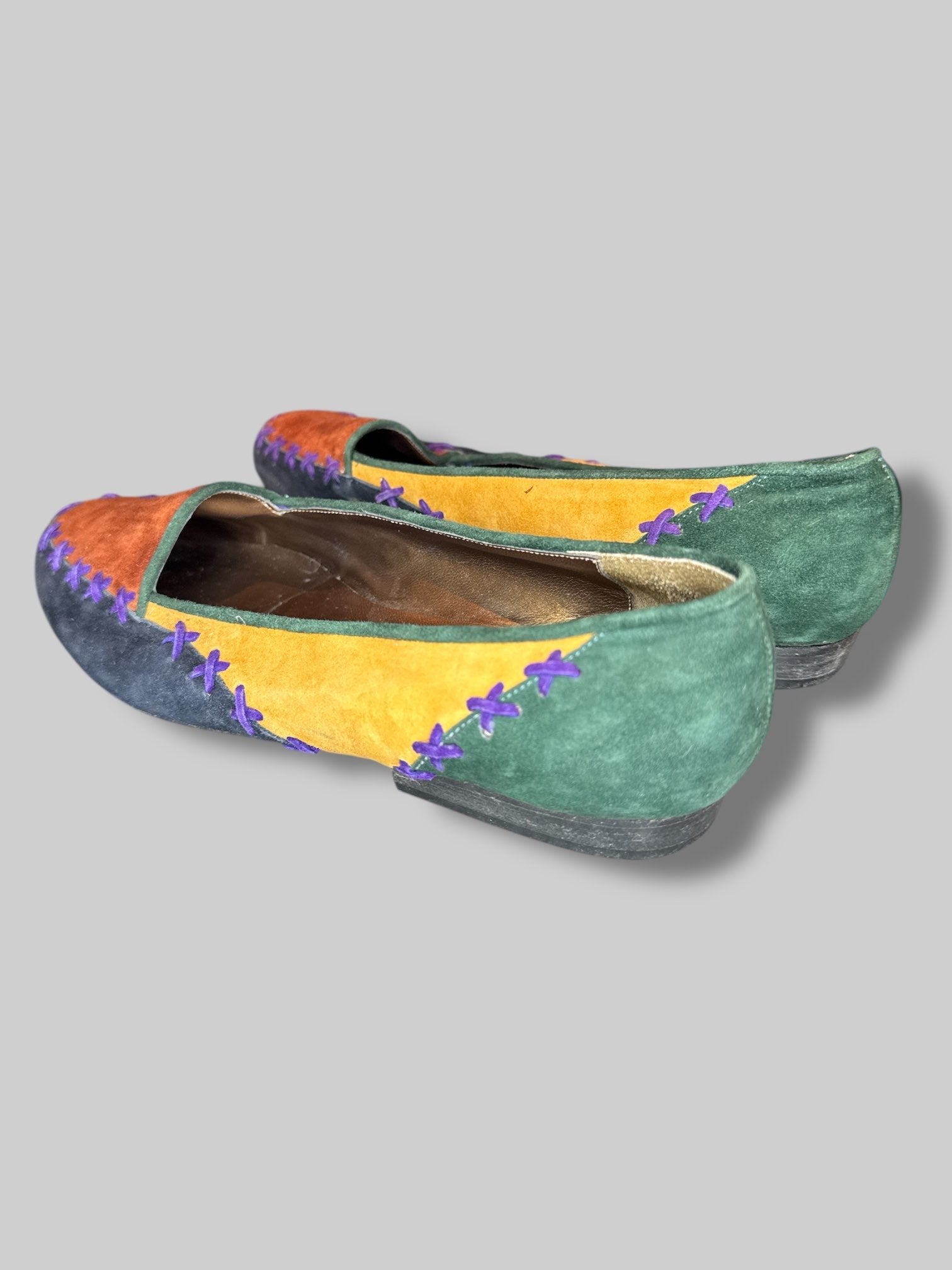 vintage green, yellow, black, and brown  color block flats with purple stitches size 6.5