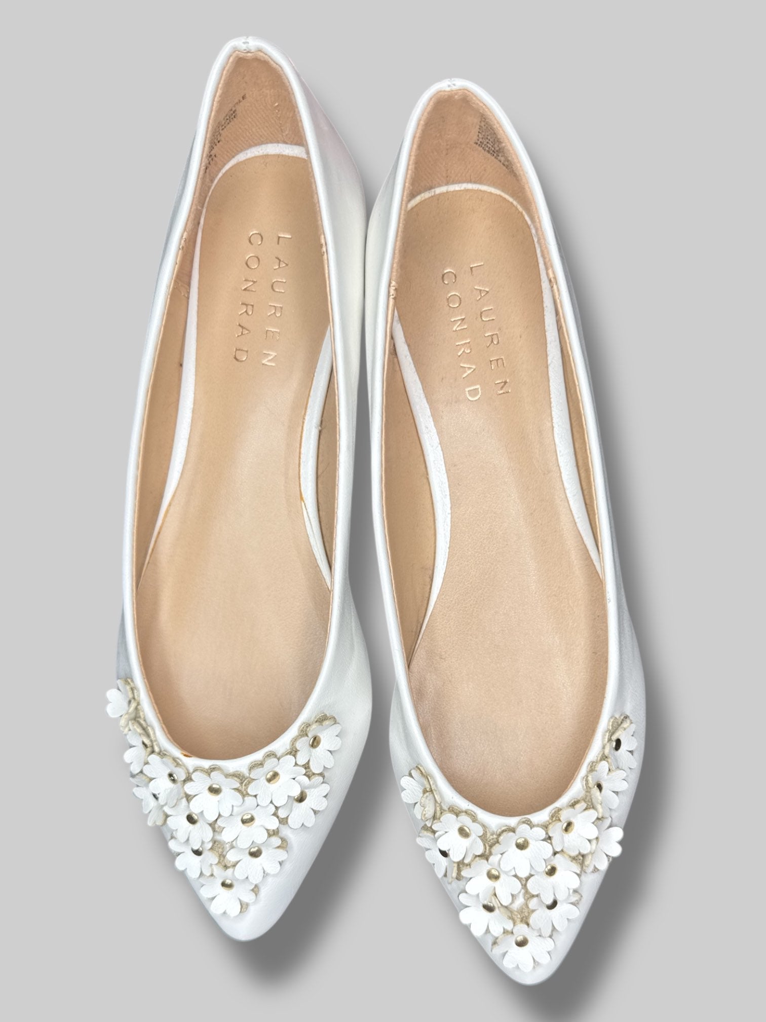 white flats with florals size 6