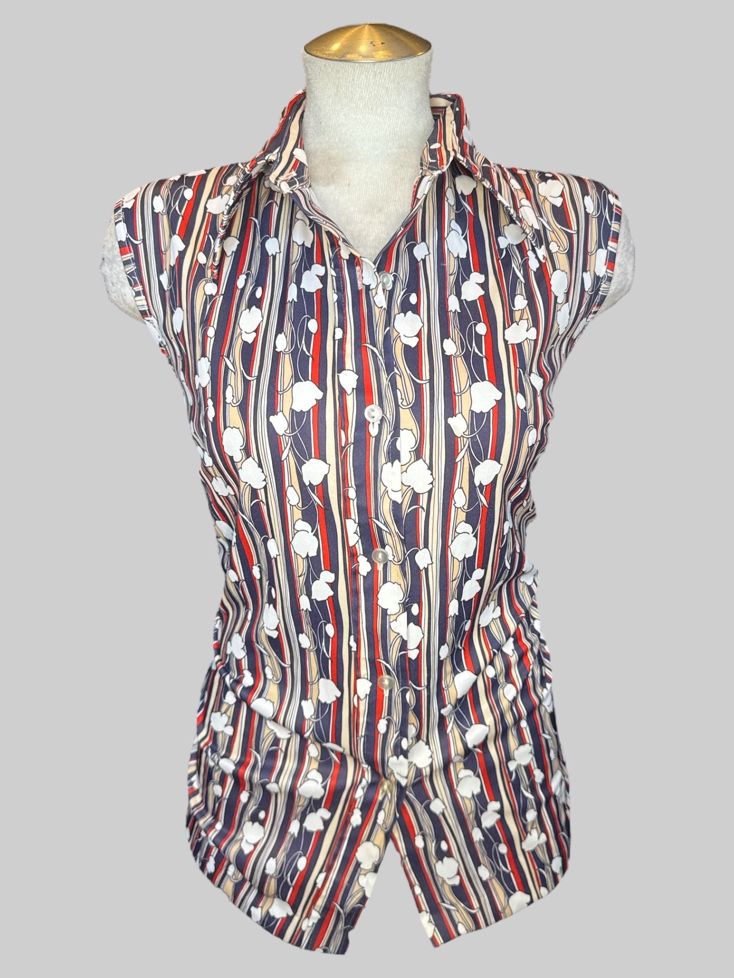 2X Vintage blue, tan, white, and red striped sleeveless button up with white florals