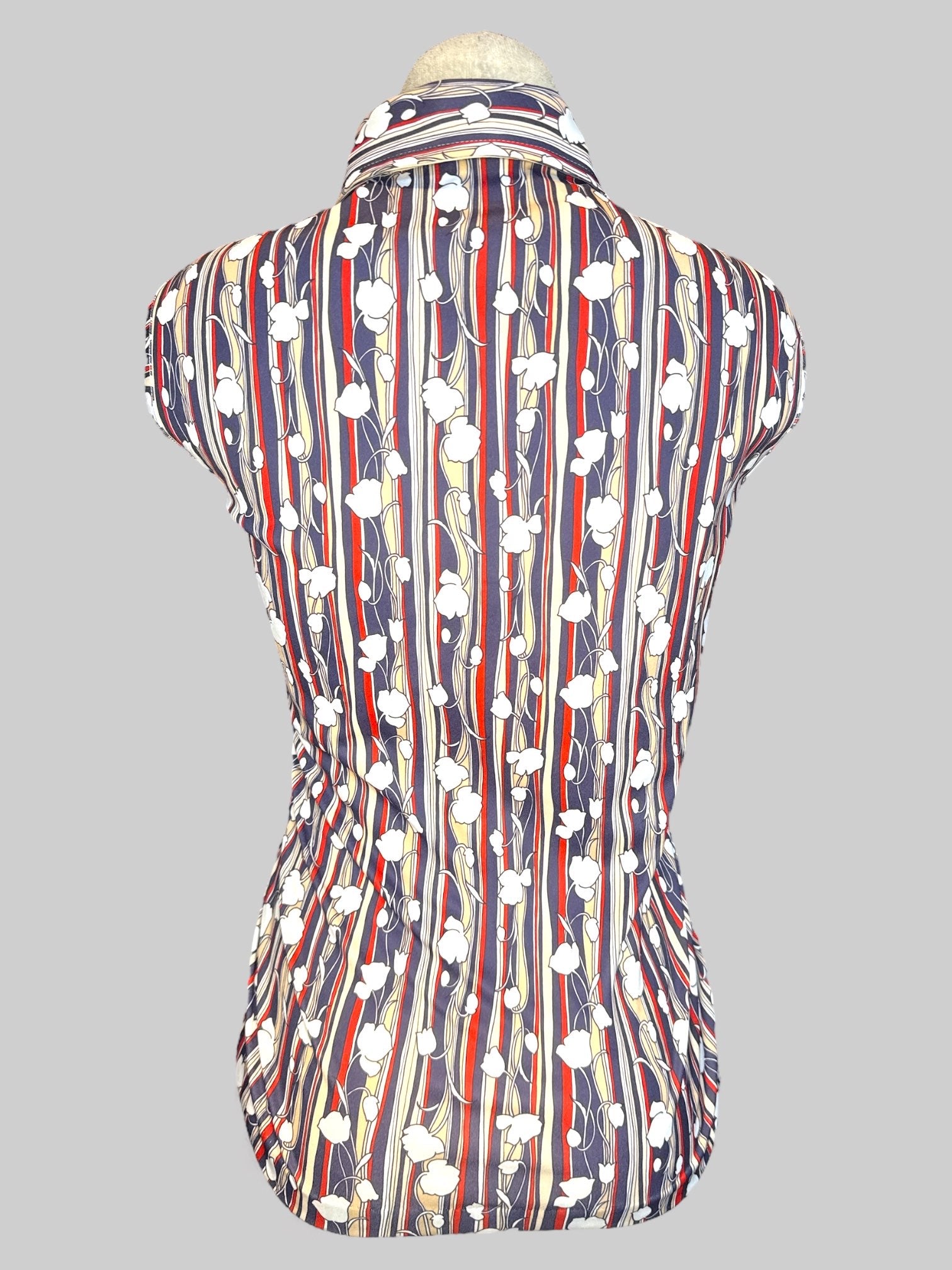 2X Vintage blue, tan, white, and red striped sleeveless button up with white florals