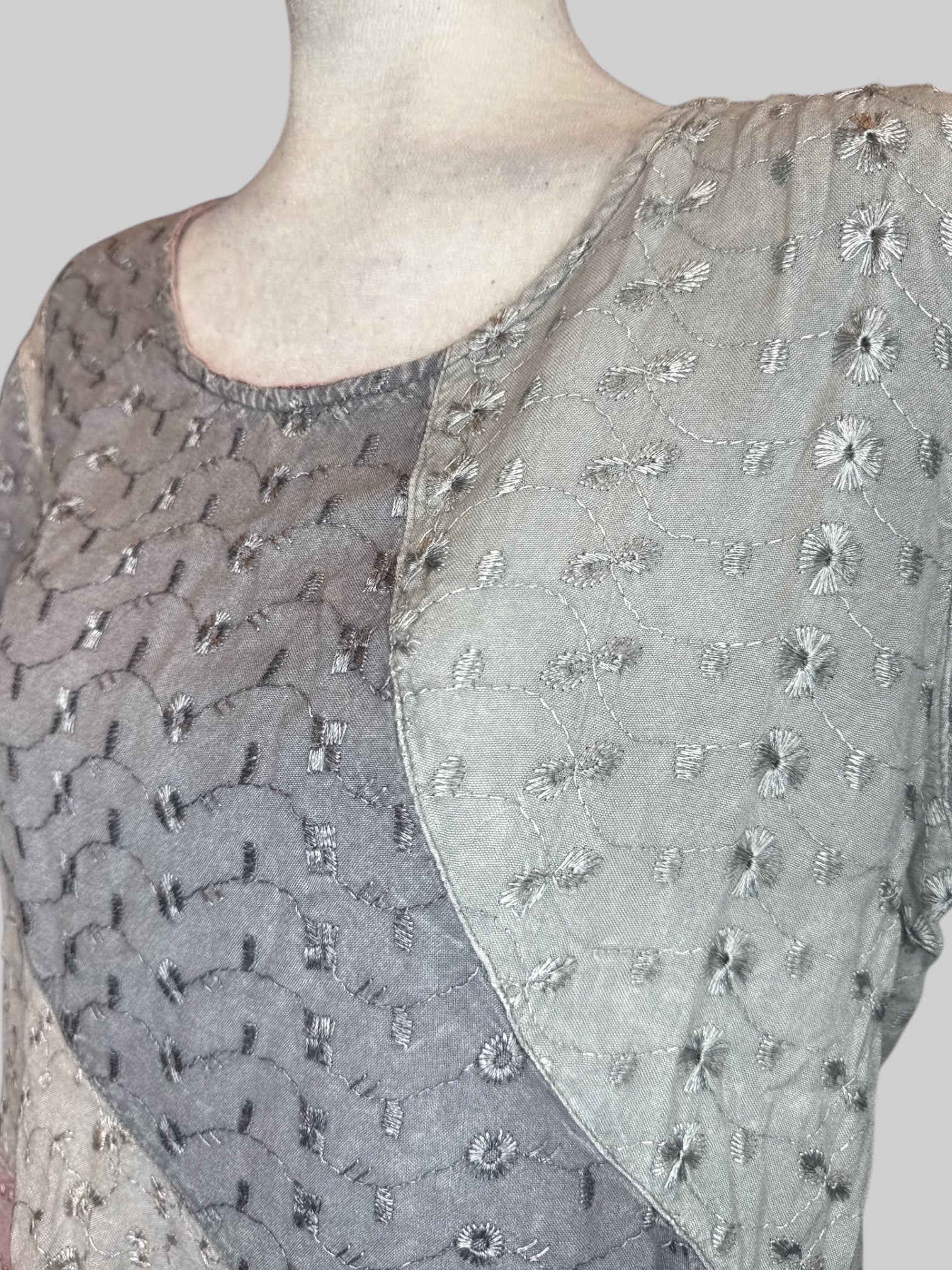 XL Flowy blue, grey, and pink color block blouse with floral embroidery