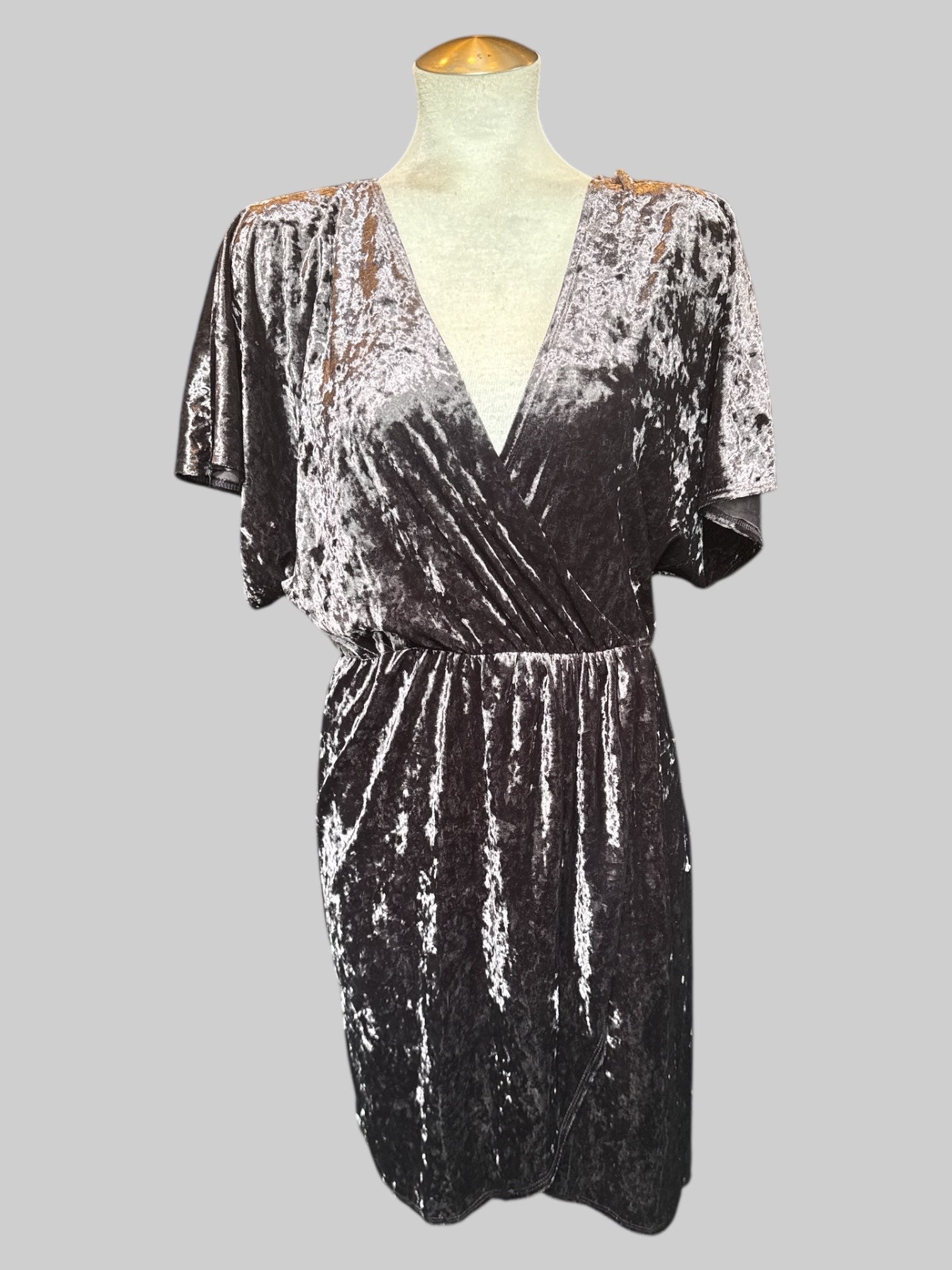 0X Grey crushed velvet faux wrap dress