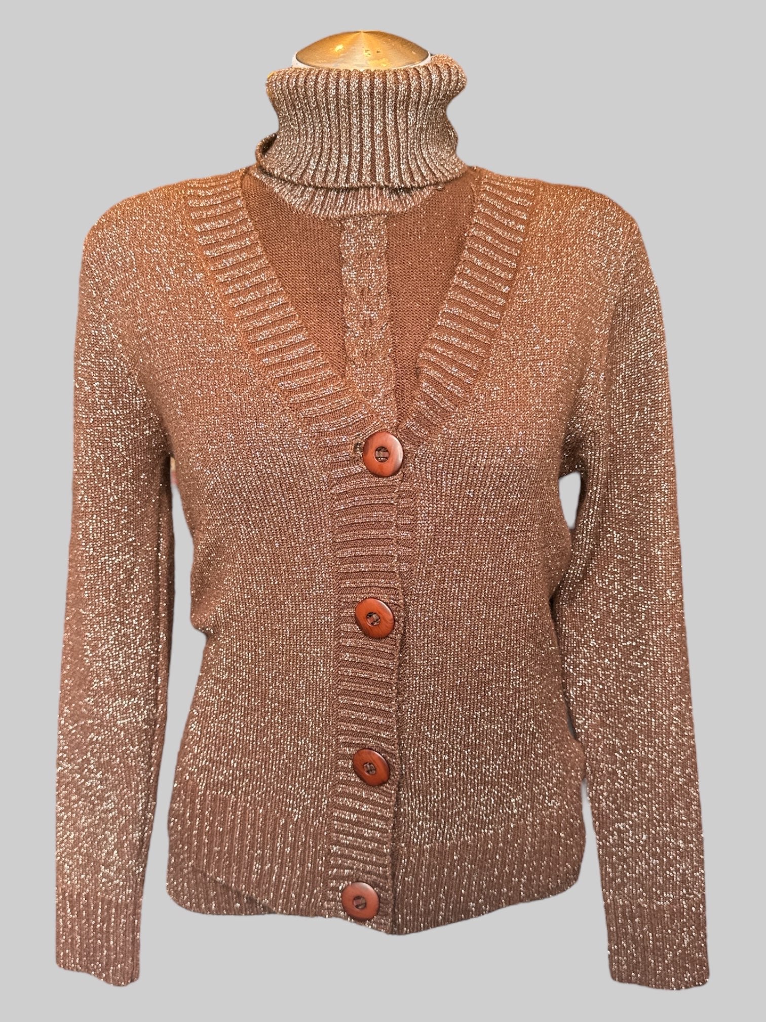 L Two piece brown knit sleeveless turtleneck with silver metallic and brown knit cardigan with buttons