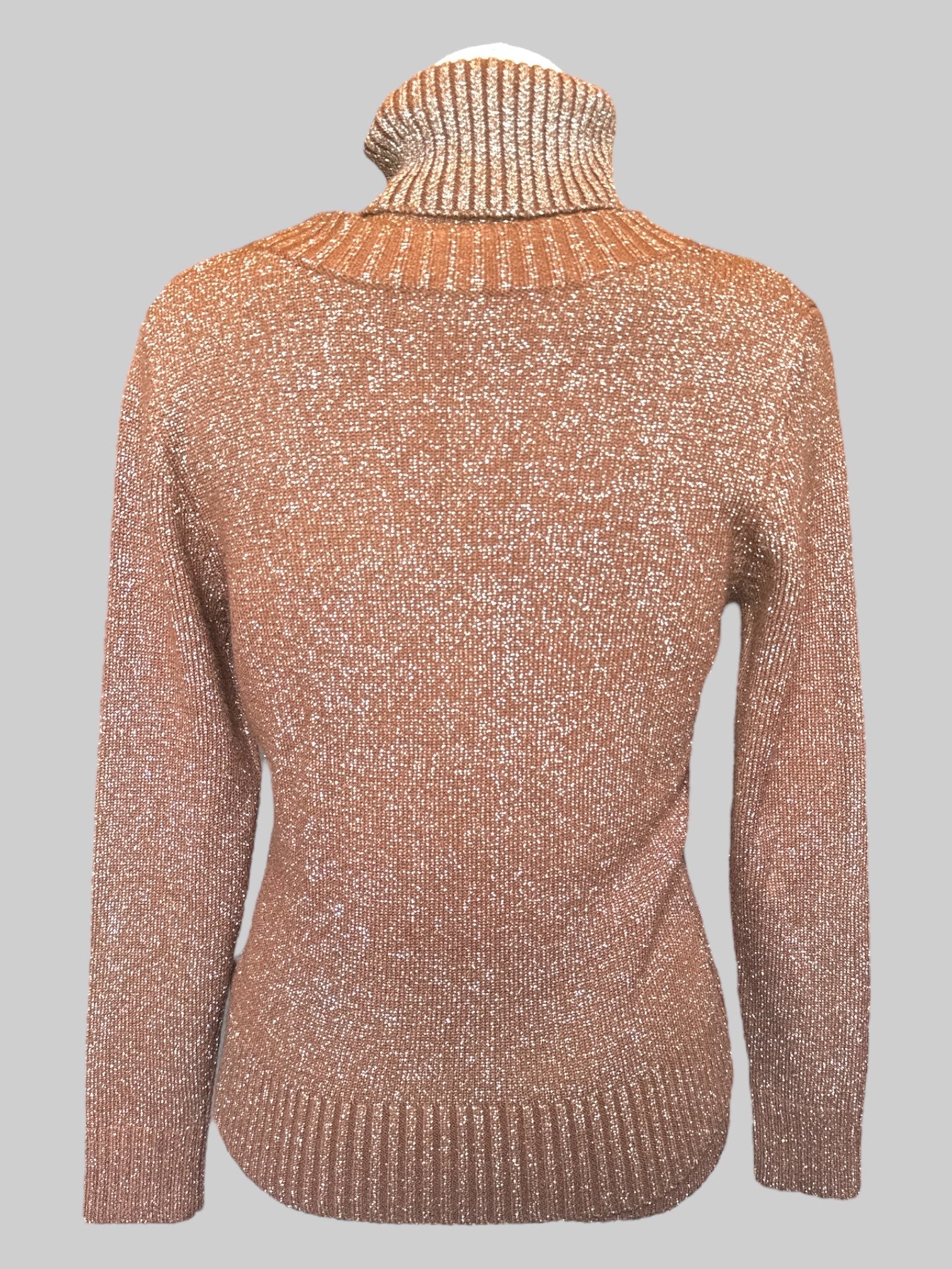 L Two piece brown knit sleeveless turtleneck with silver metallic and brown knit cardigan with buttons