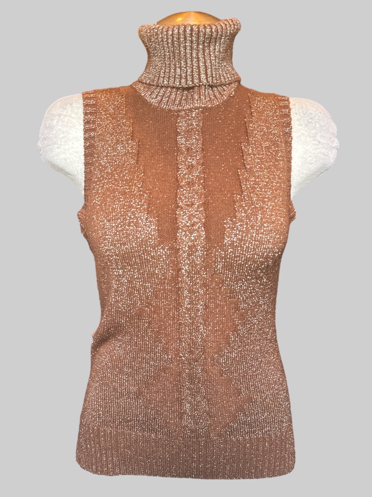 L Two piece brown knit sleeveless turtleneck with silver metallic and brown knit cardigan with buttons