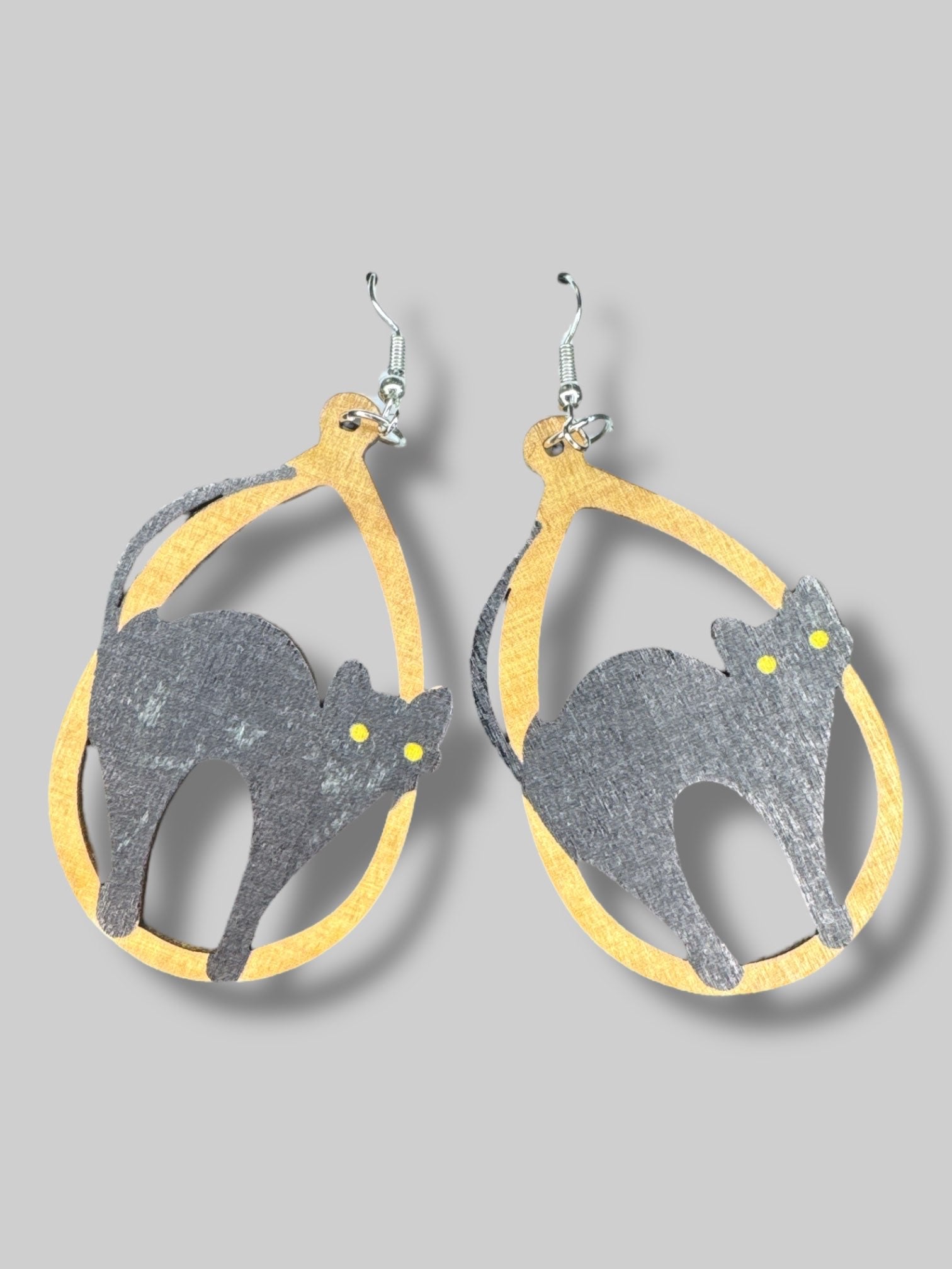 Wooden black cat earrings