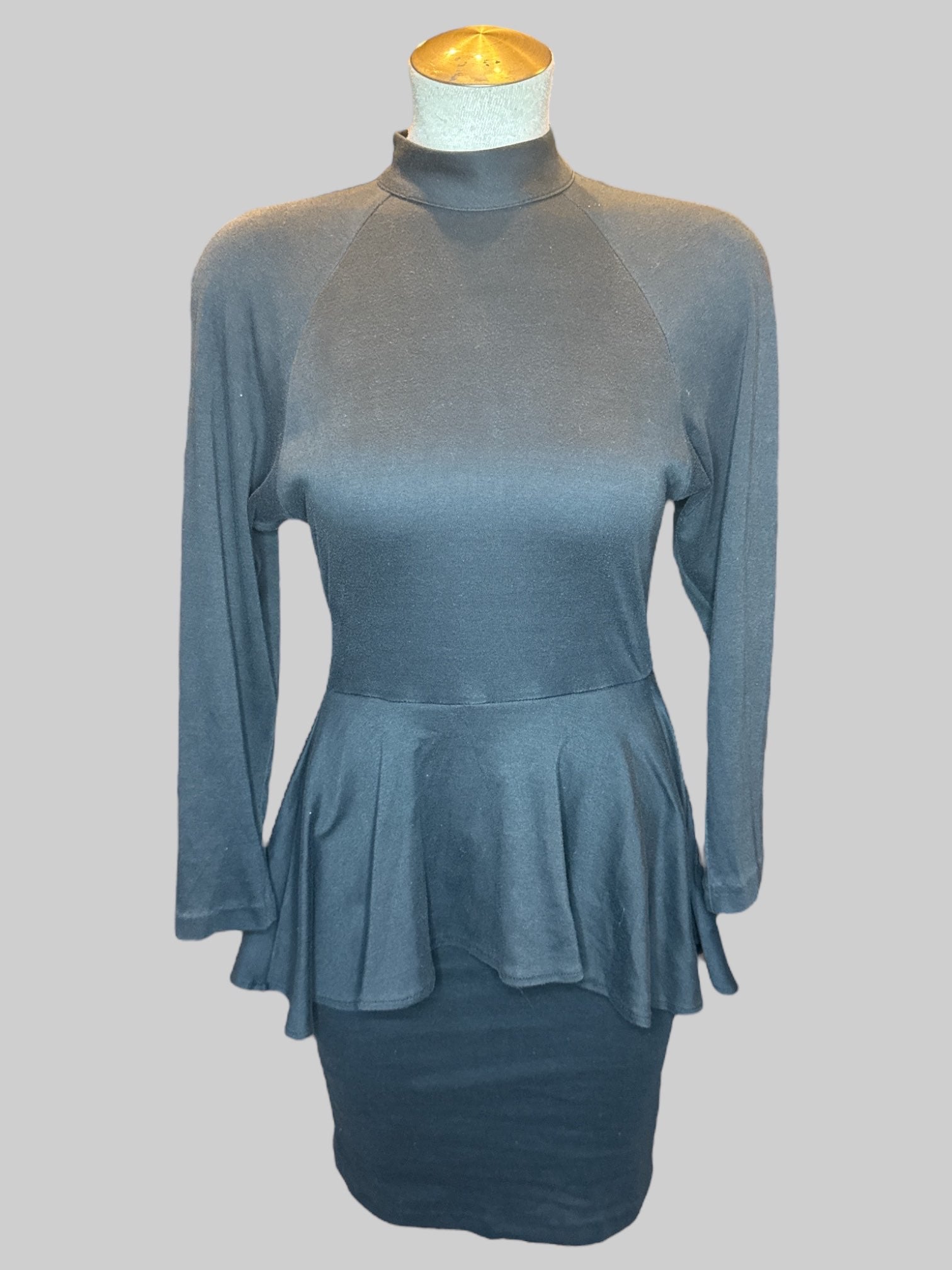 M Vintage black dress with peplum top, button up back, and mock neck