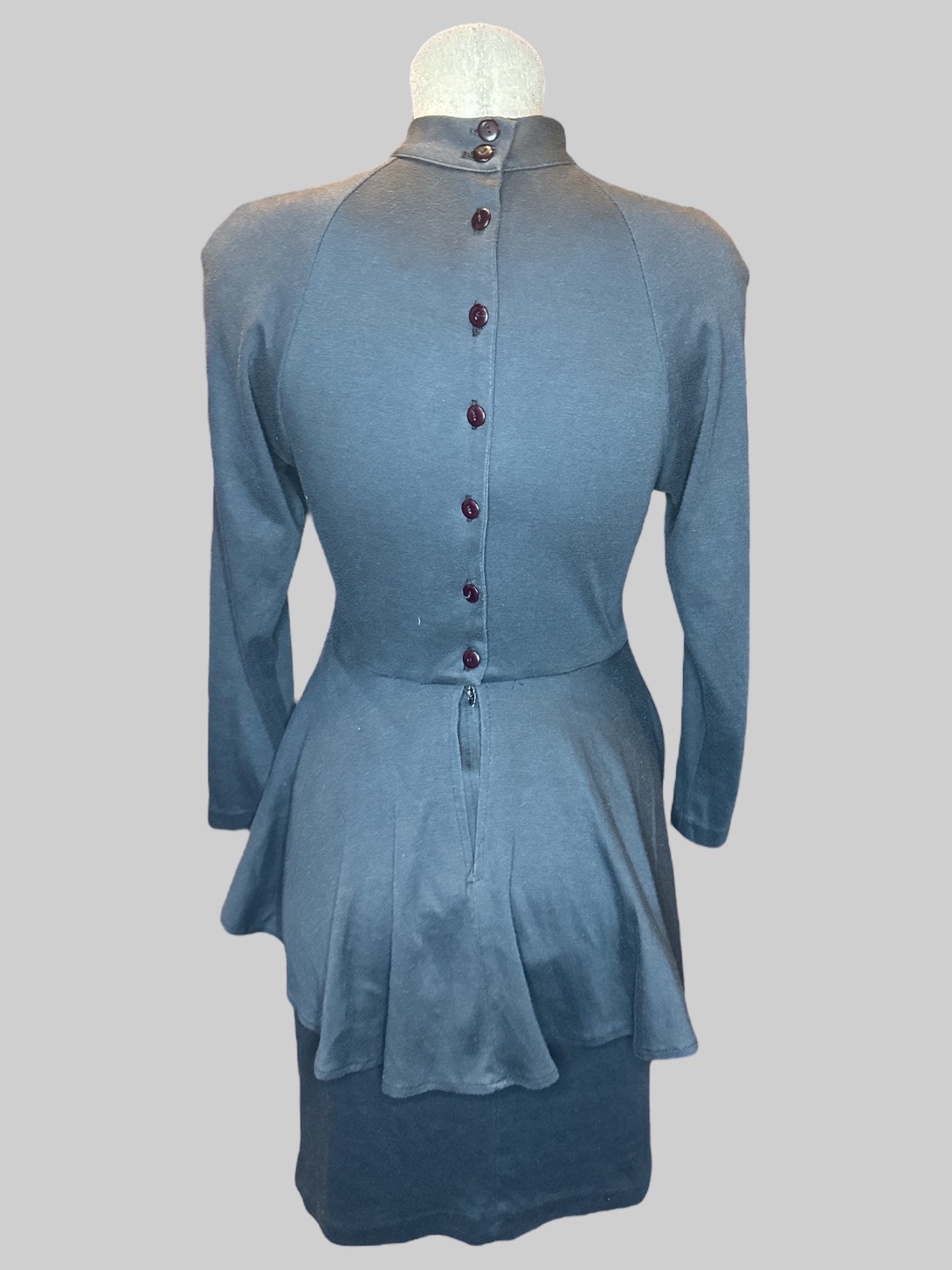 M Vintage black dress with peplum top, button up back, and mock neck