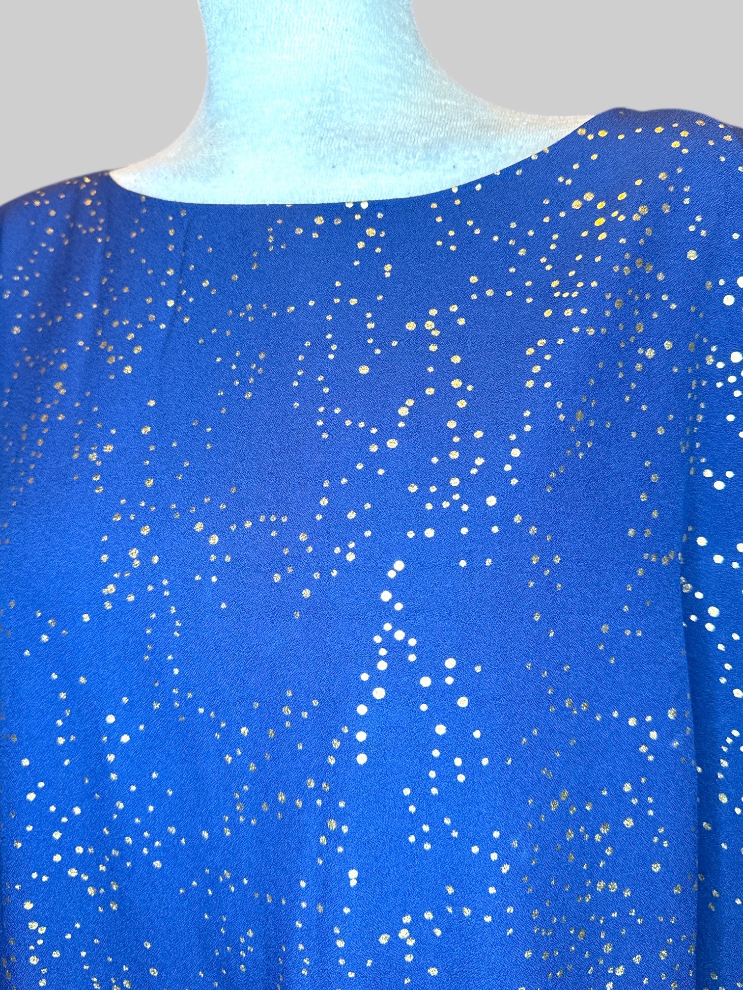 1X Blue shift dress with gold, metallic polkadots and tie on sleeves