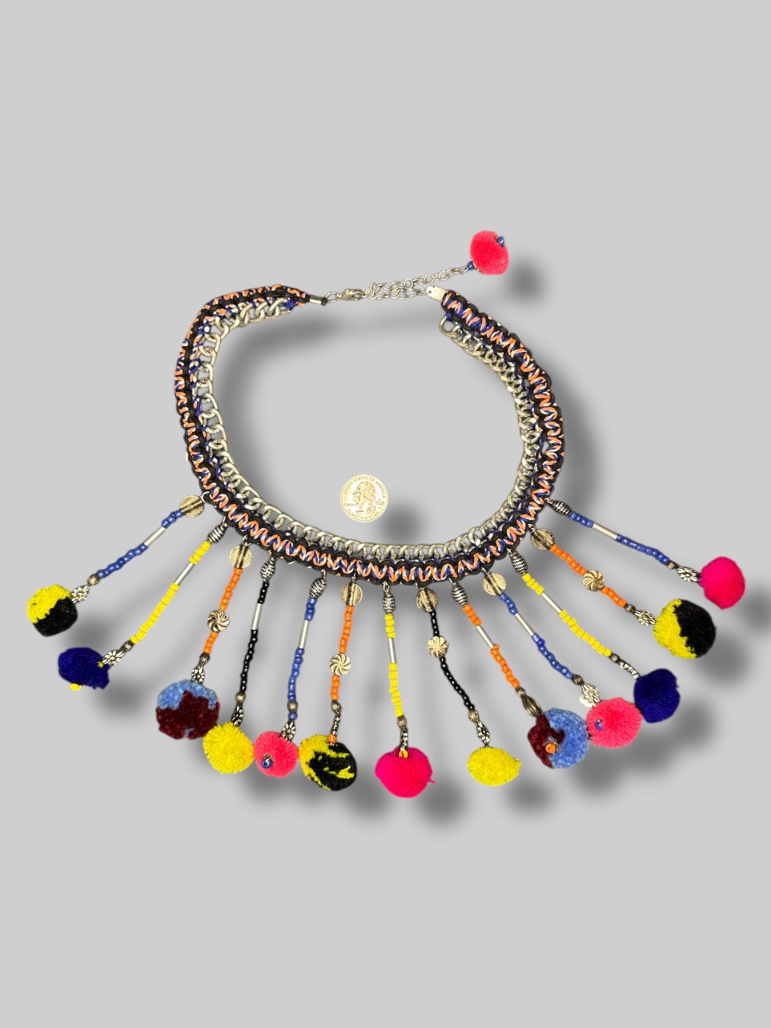 Big multicolor beaded Pom Pom necklace