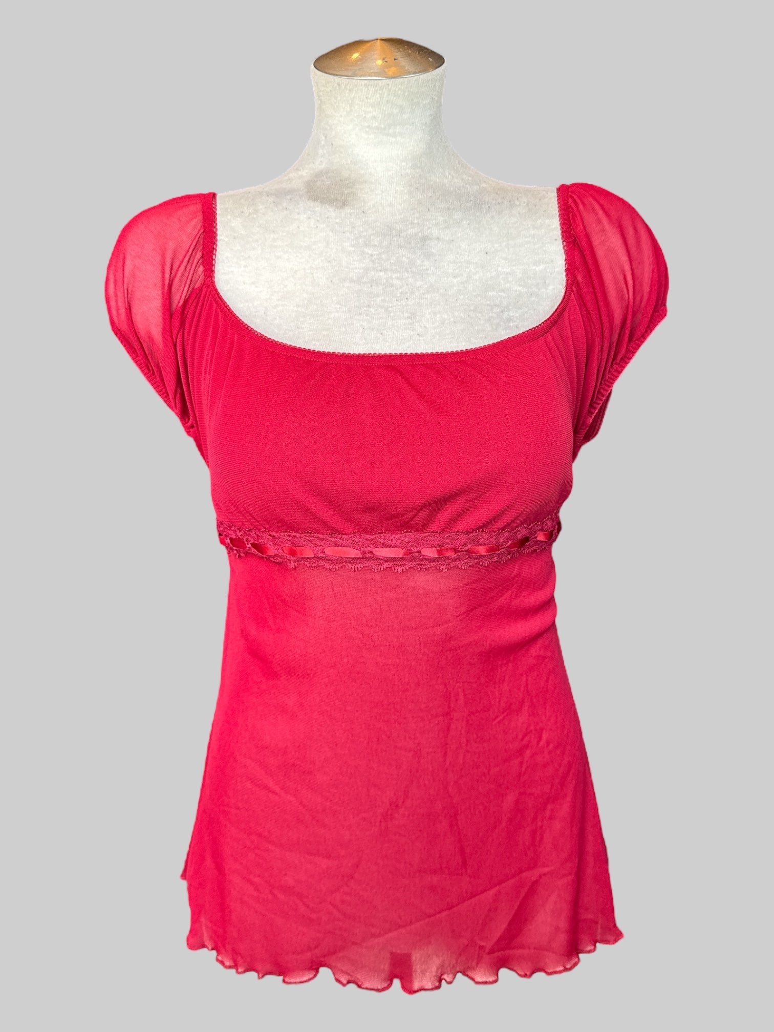0X Sheer red top with lace and tie in back
