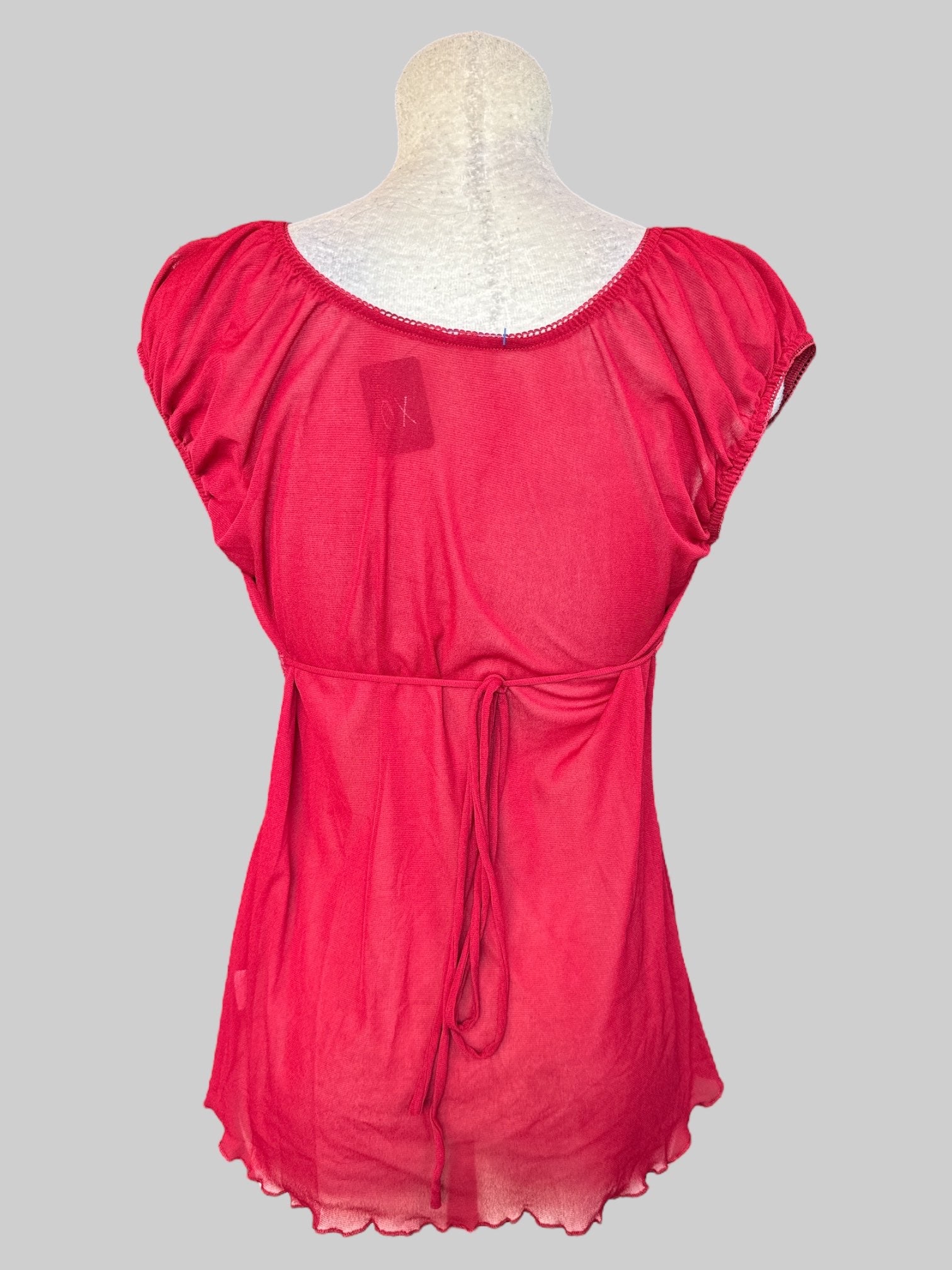 0X Sheer red top with lace and tie in back