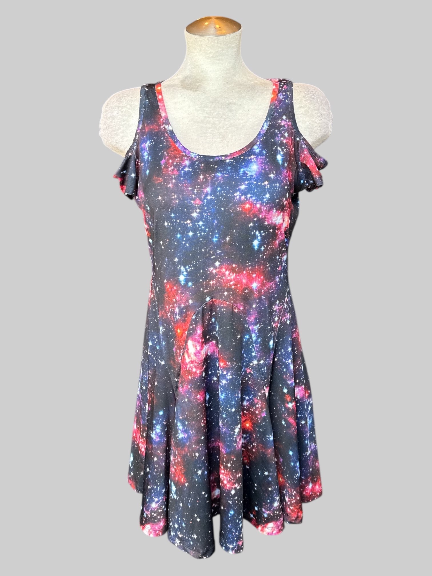 L Fit and flare multicolor galaxy dress with cold shoulders