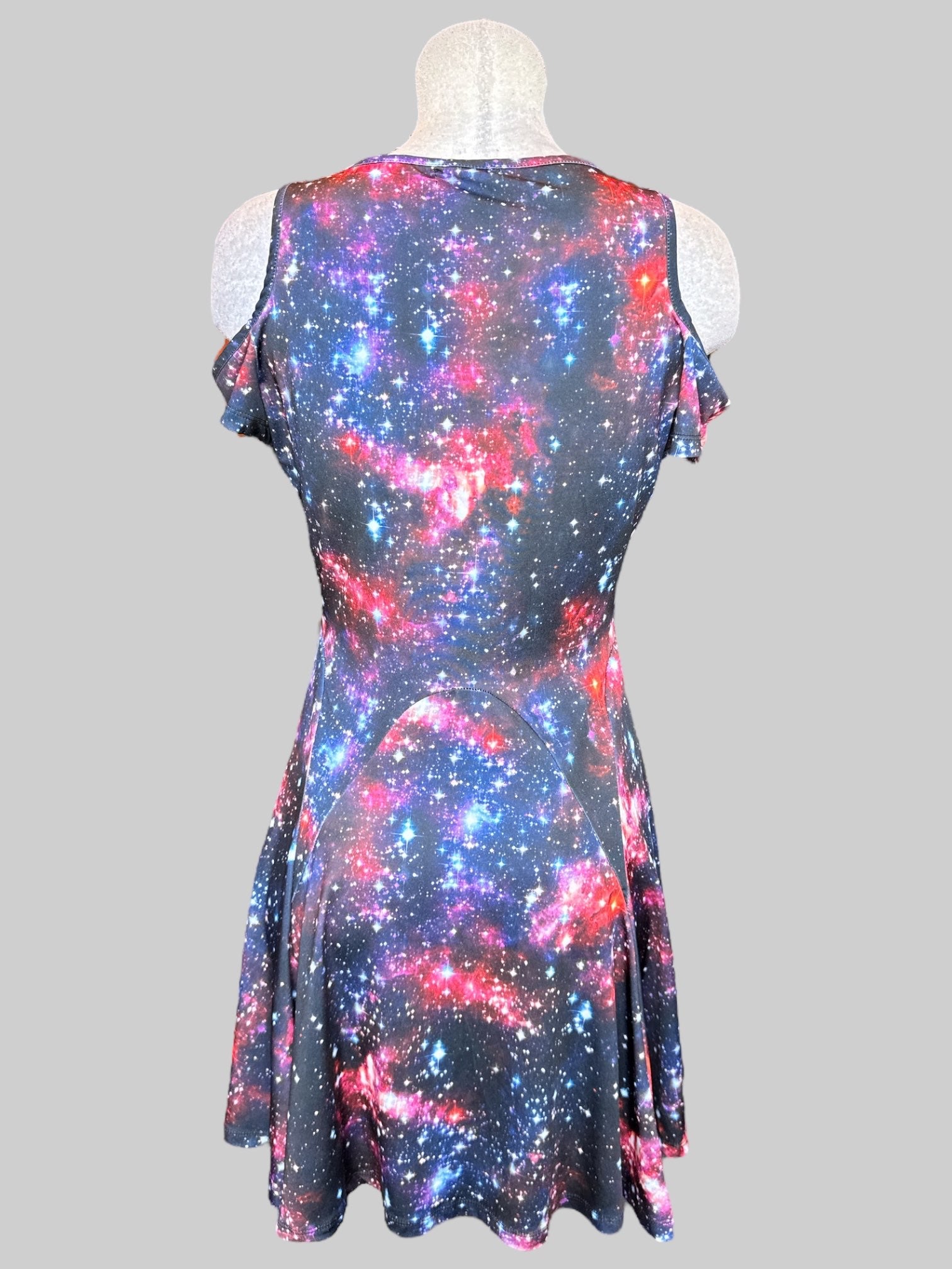 L Fit and flare multicolor galaxy dress with cold shoulders