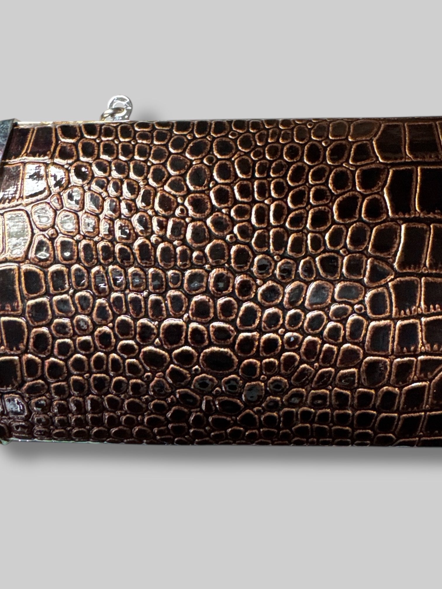 Long vintage brown reptile print bag with detachable strap