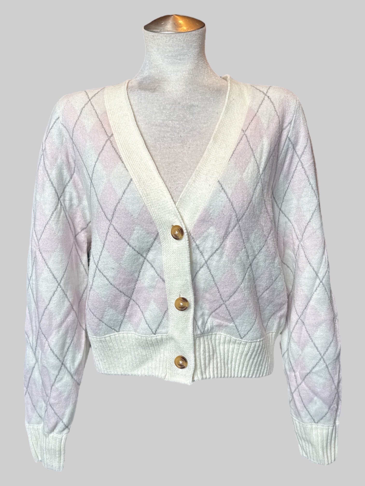 1X white, gray, and pink button up cardigan