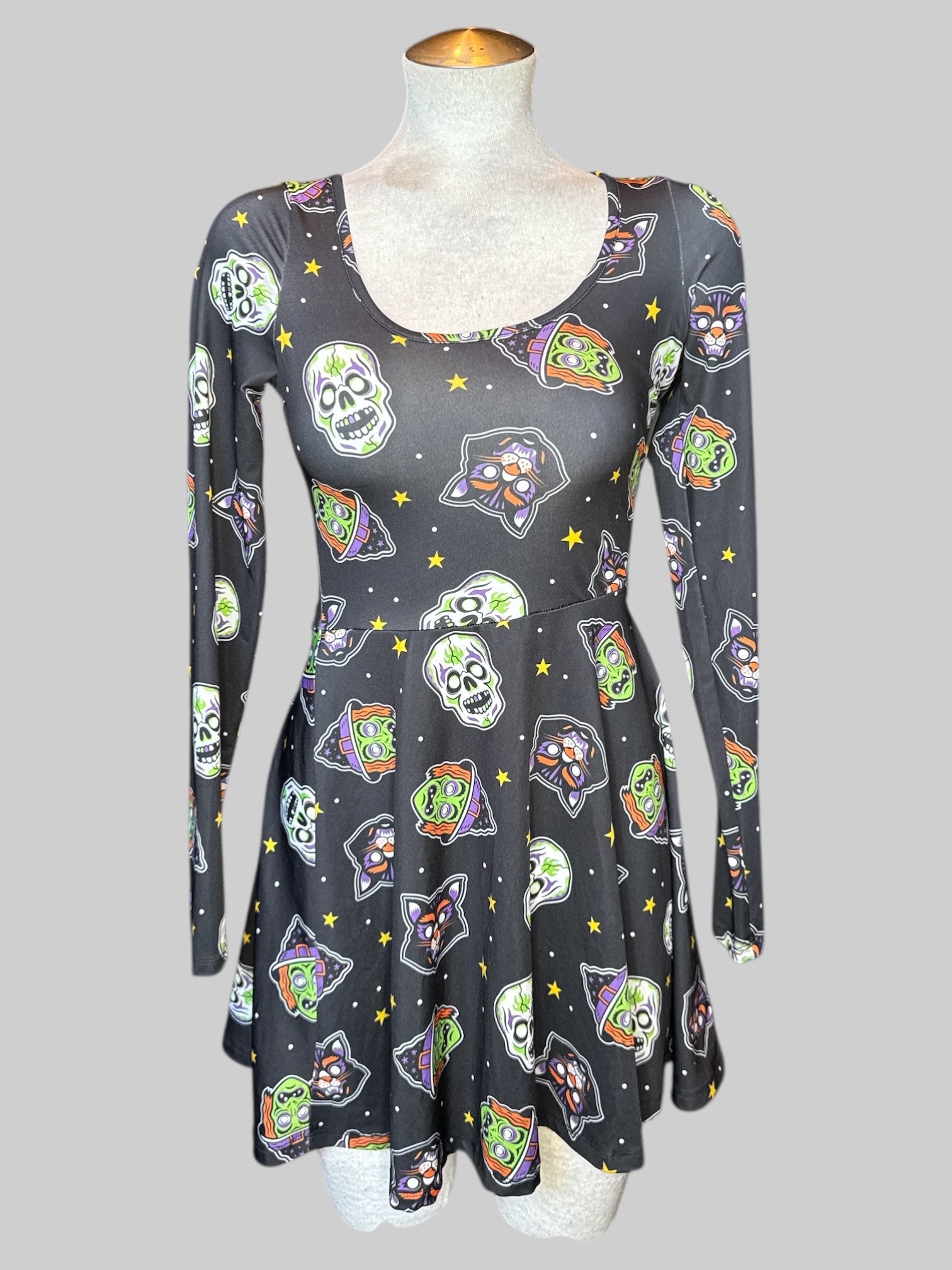 S Black long sleeve fit and flare dress with cat, witch, skull, and stars graphic