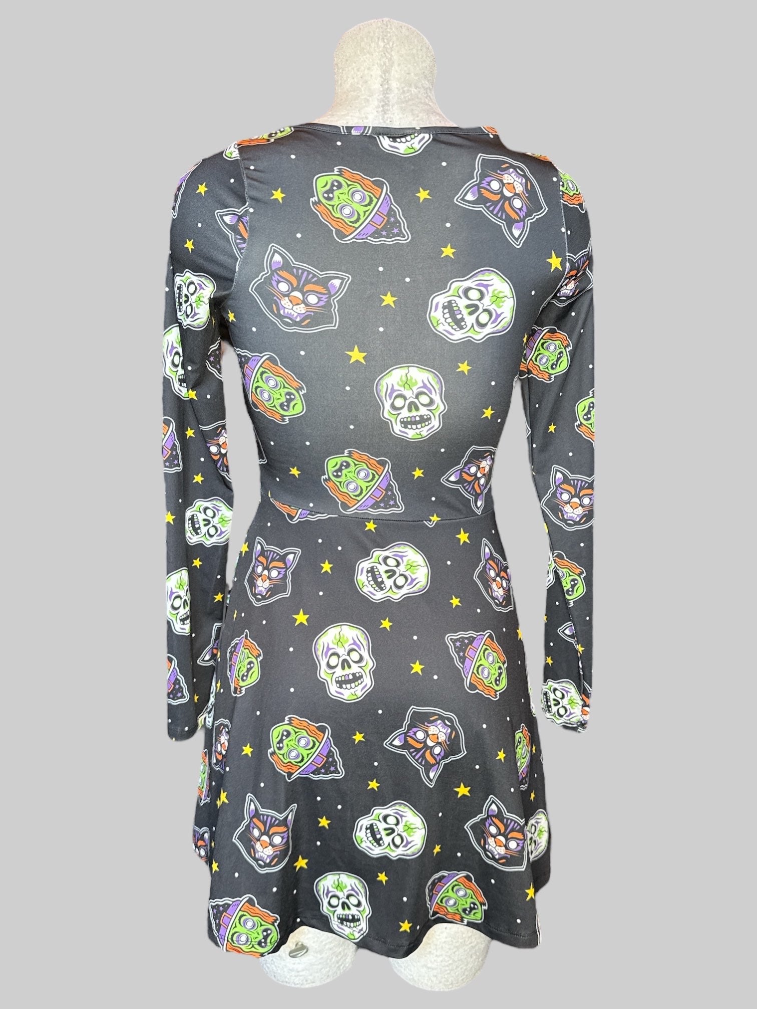 S Black long sleeve fit and flare dress with cat, witch, skull, and stars graphic