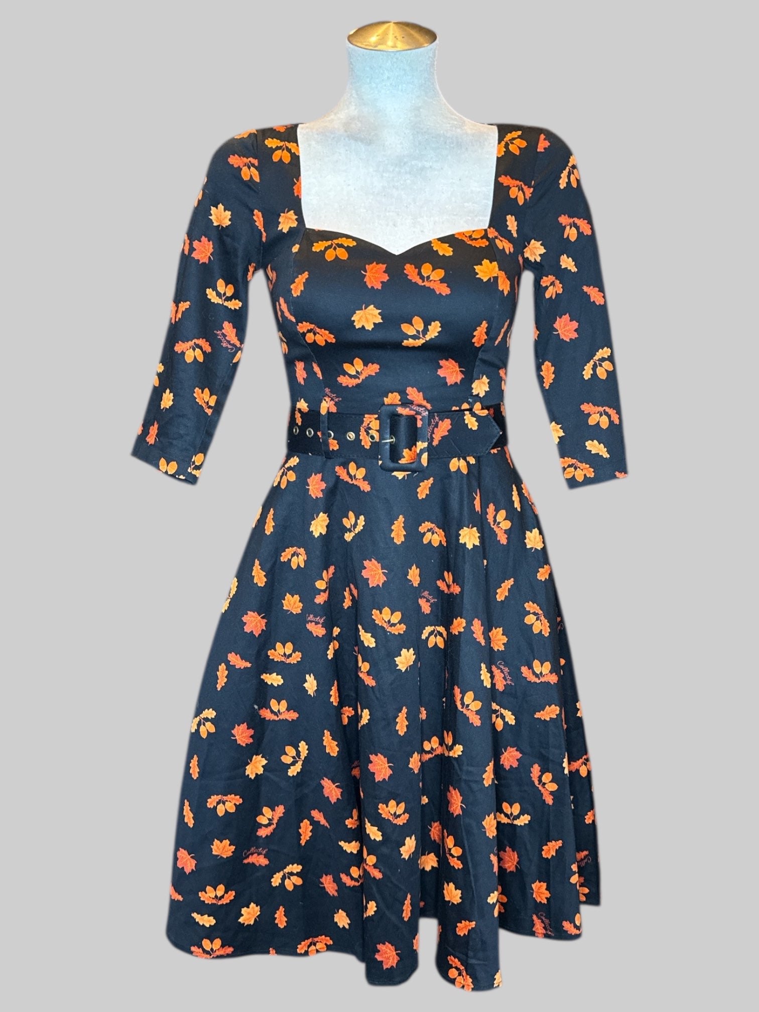 XS NWT Collectif black swing dress with orange leaves and belt
