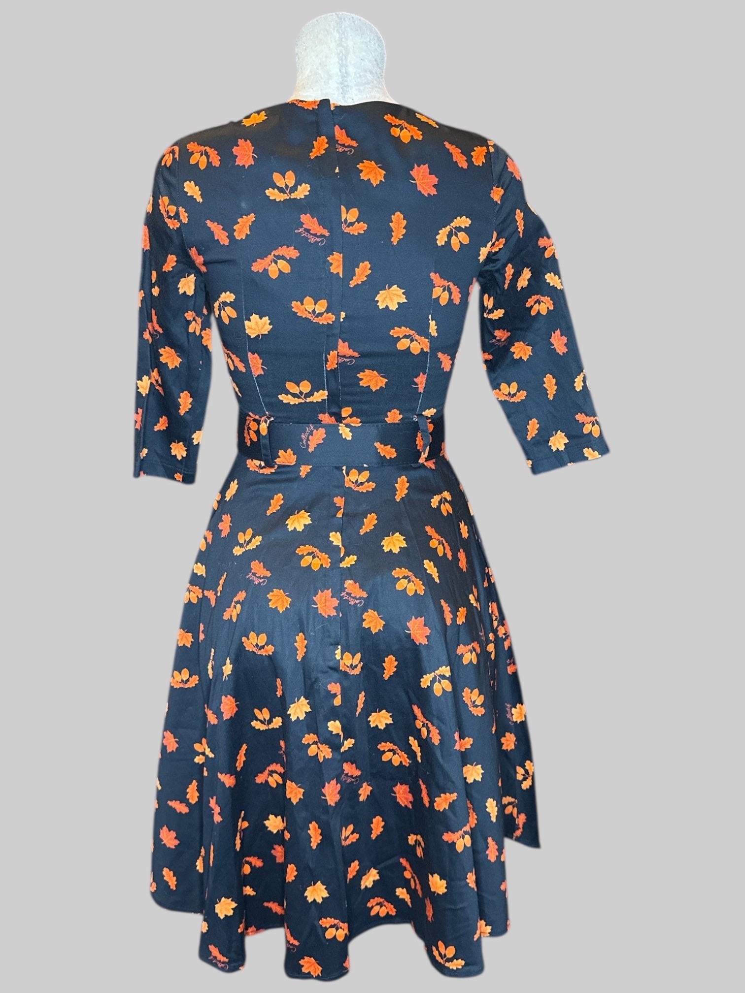 XS NWT Collectif black swing dress with orange leaves and belt