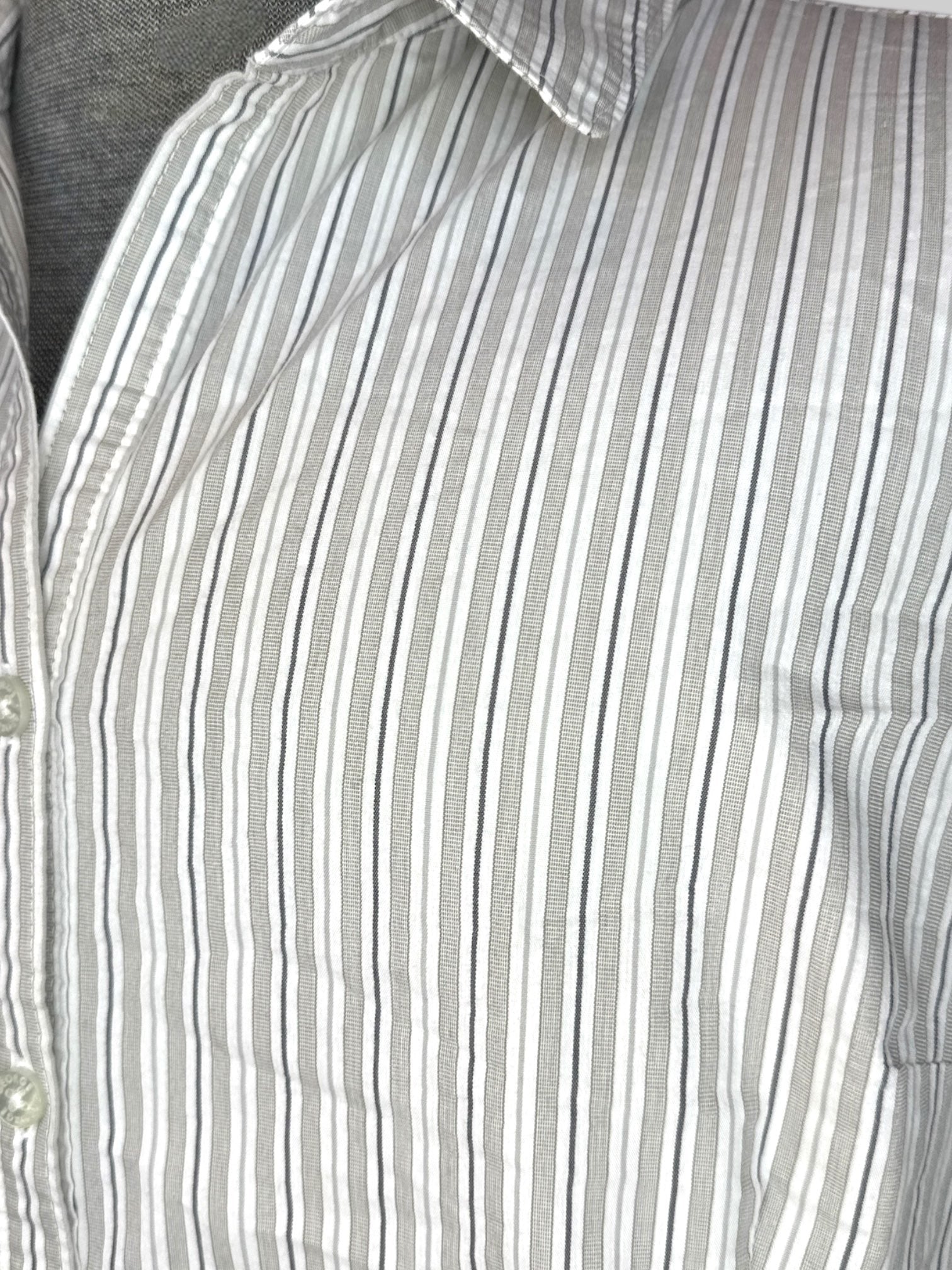 1X White, black, grey, and brown striped button up top