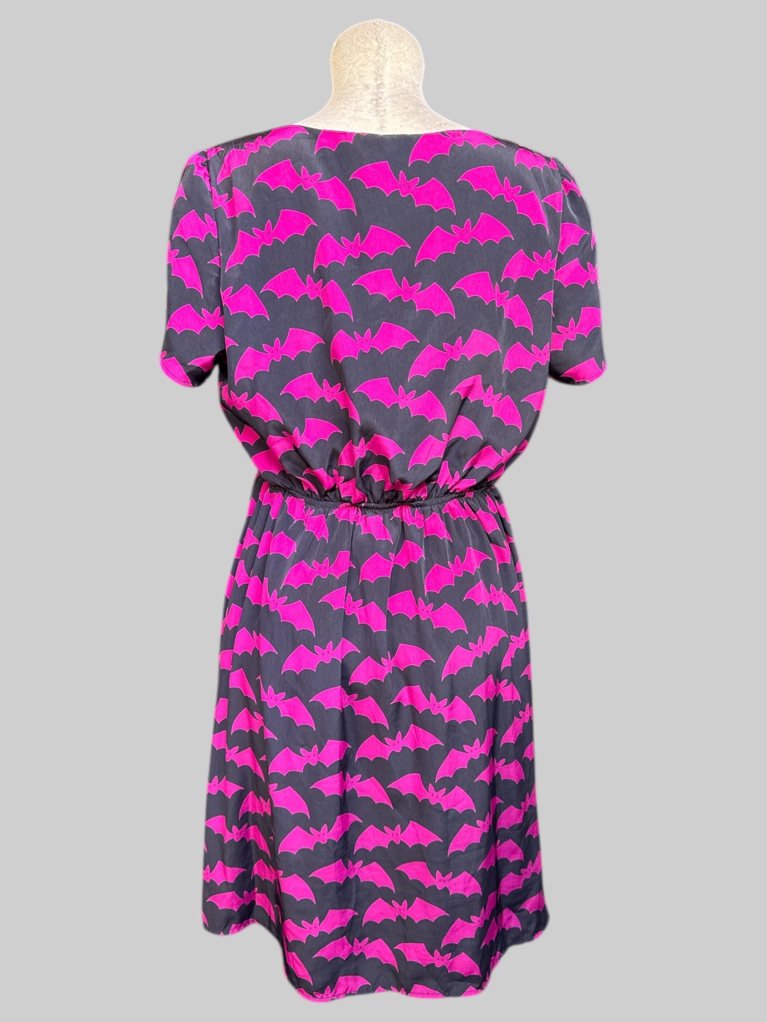 L Black dress with magenta bats and elastic waistband