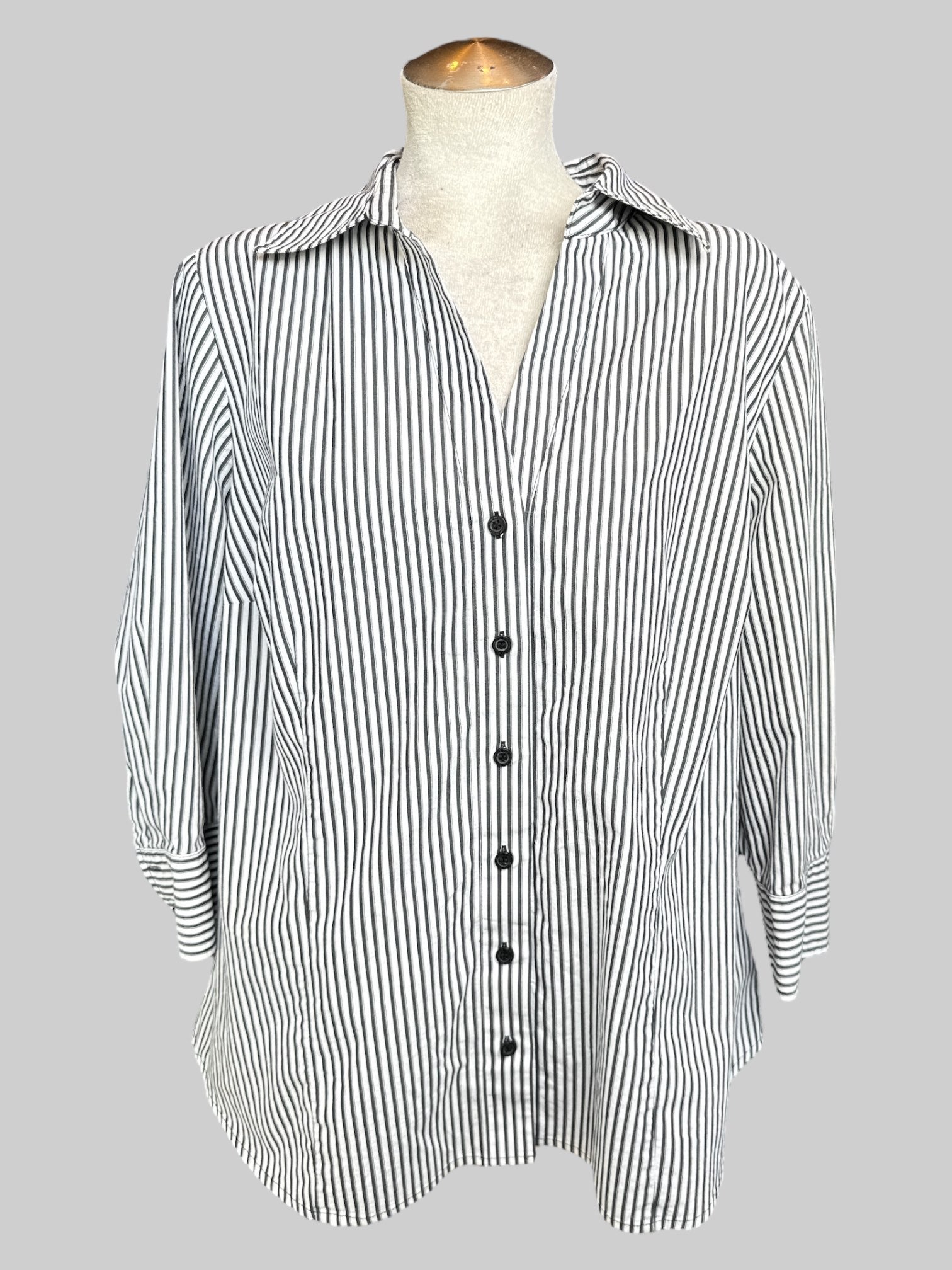 2X White and black striped button up top