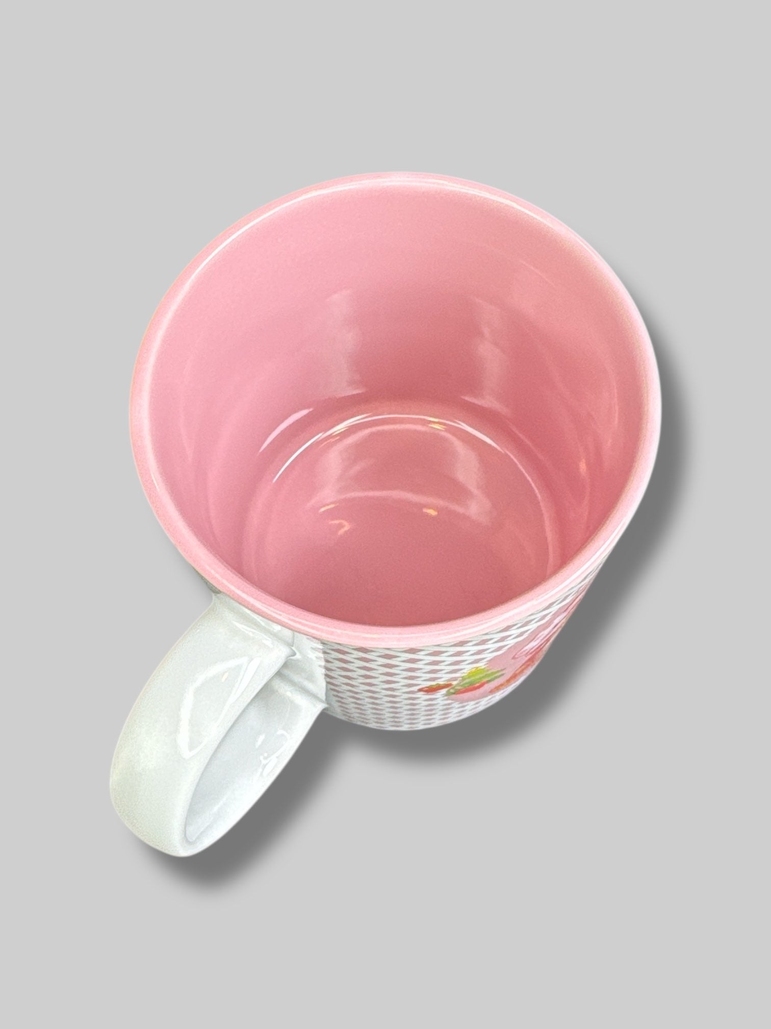 Pink and white “Have a berry nice day” strawberry shortcake mug