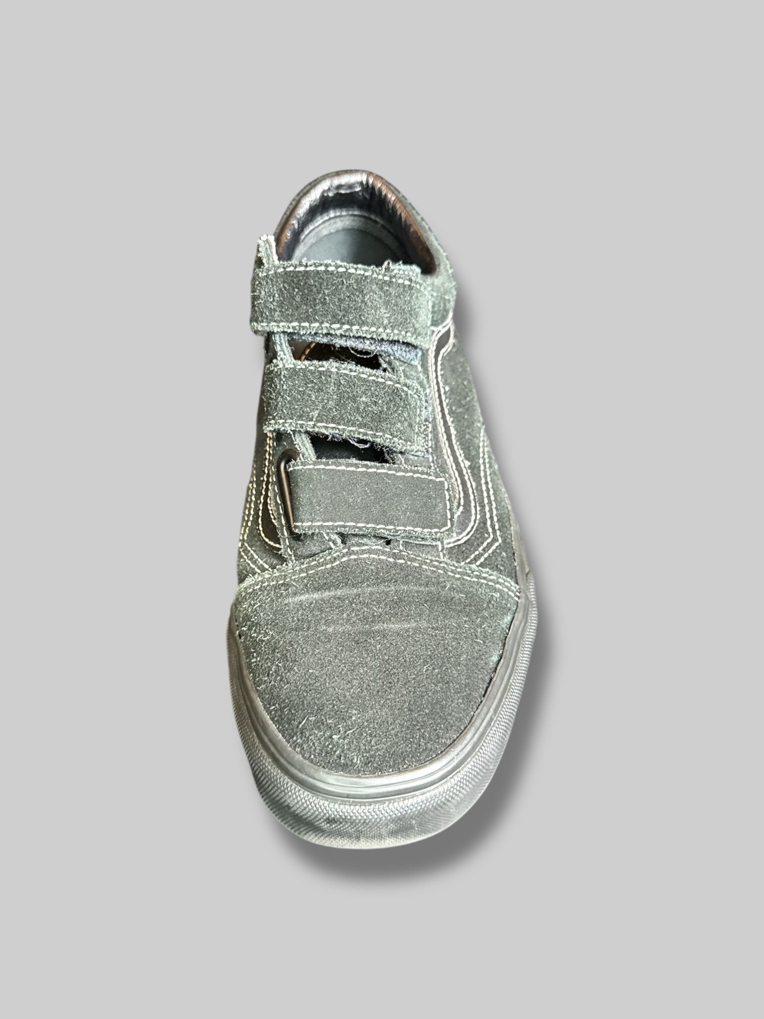 Size 7.5 M/9 W Black suede vans with Velcro straps and leather details