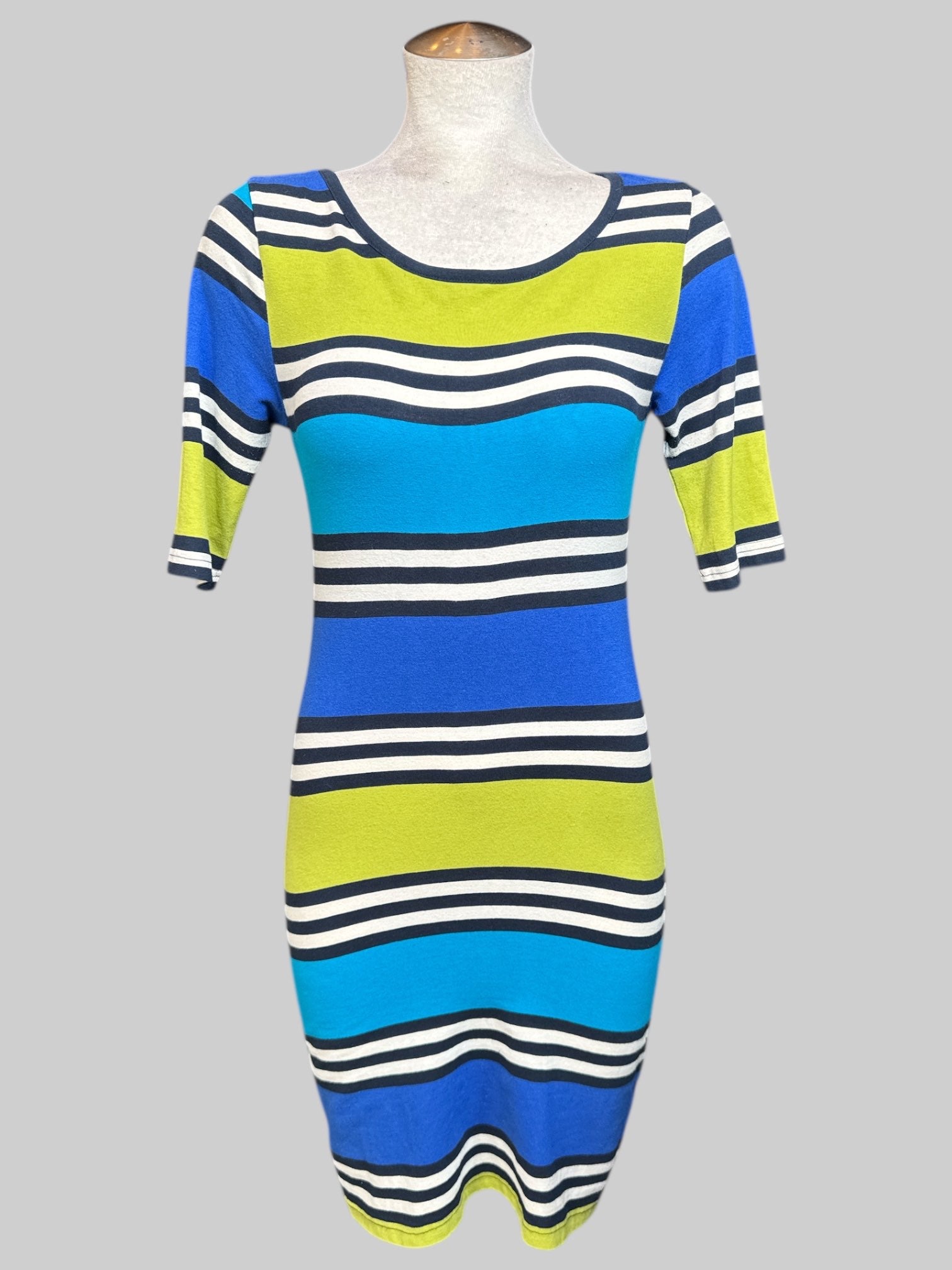 XS Green, blue, black, and white striped body con dress