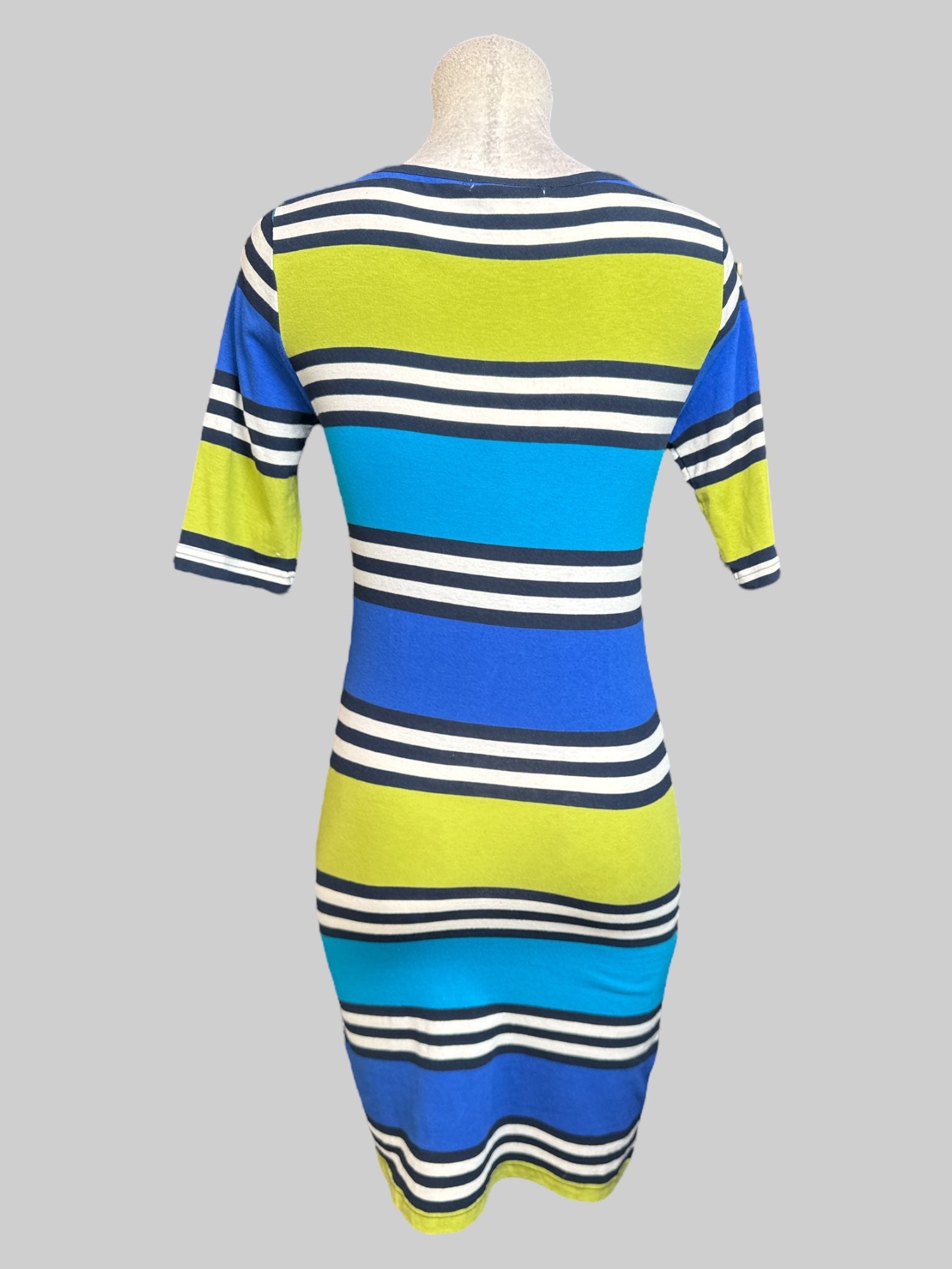 XS Green, blue, black, and white striped body con dress
