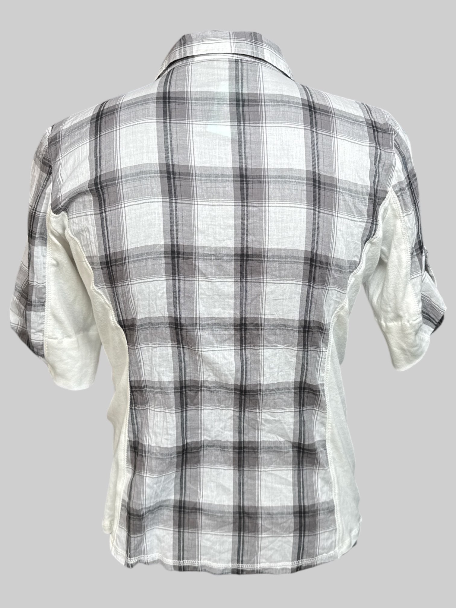 0X NWT White, black, and gray plaid plaid button up with white panels