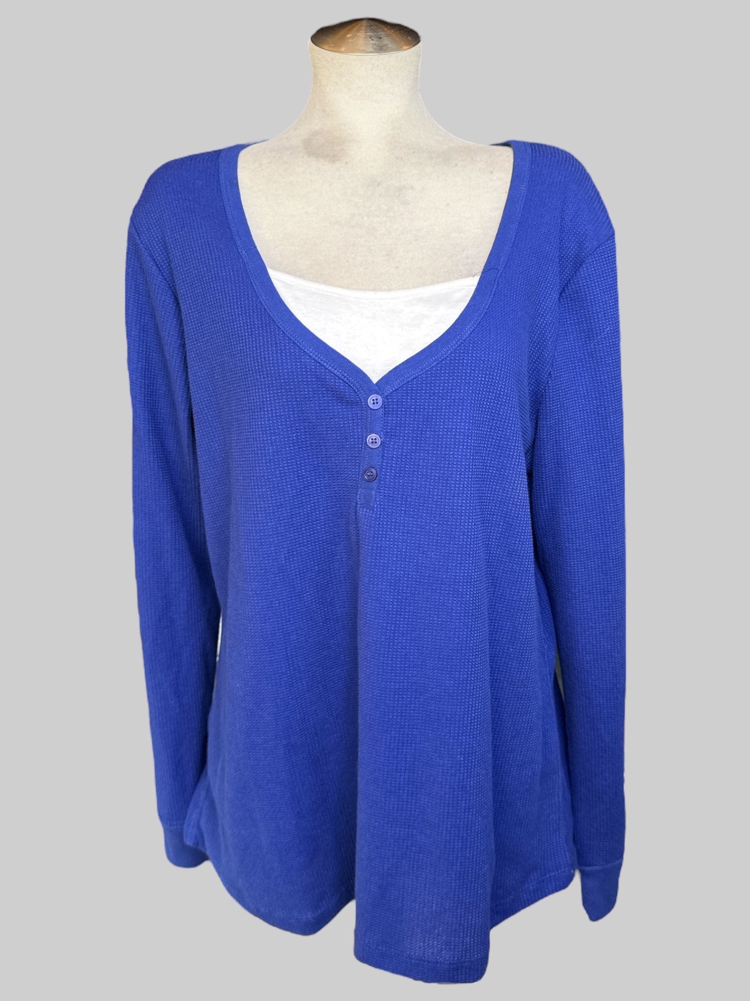 3X Blue long sleeve waffle knit shirt with white faux cami