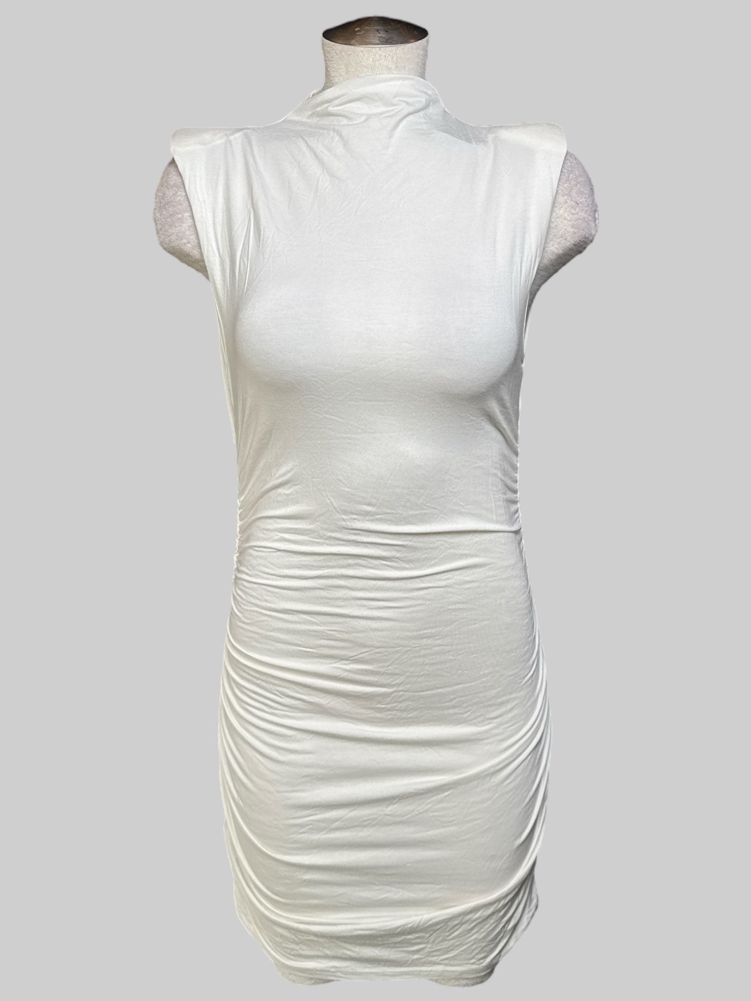 XL NWT White body con dress with mock neck, shoulder pads, and ruching on sides