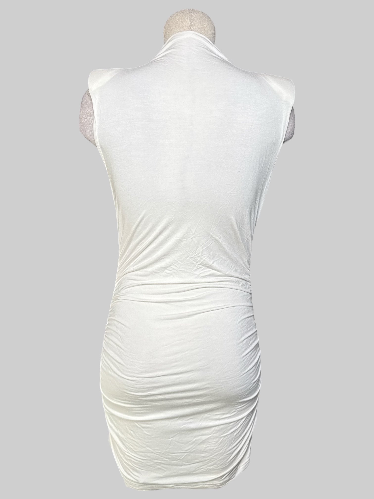 XL NWT White body con dress with mock neck, shoulder pads, and ruching on sides