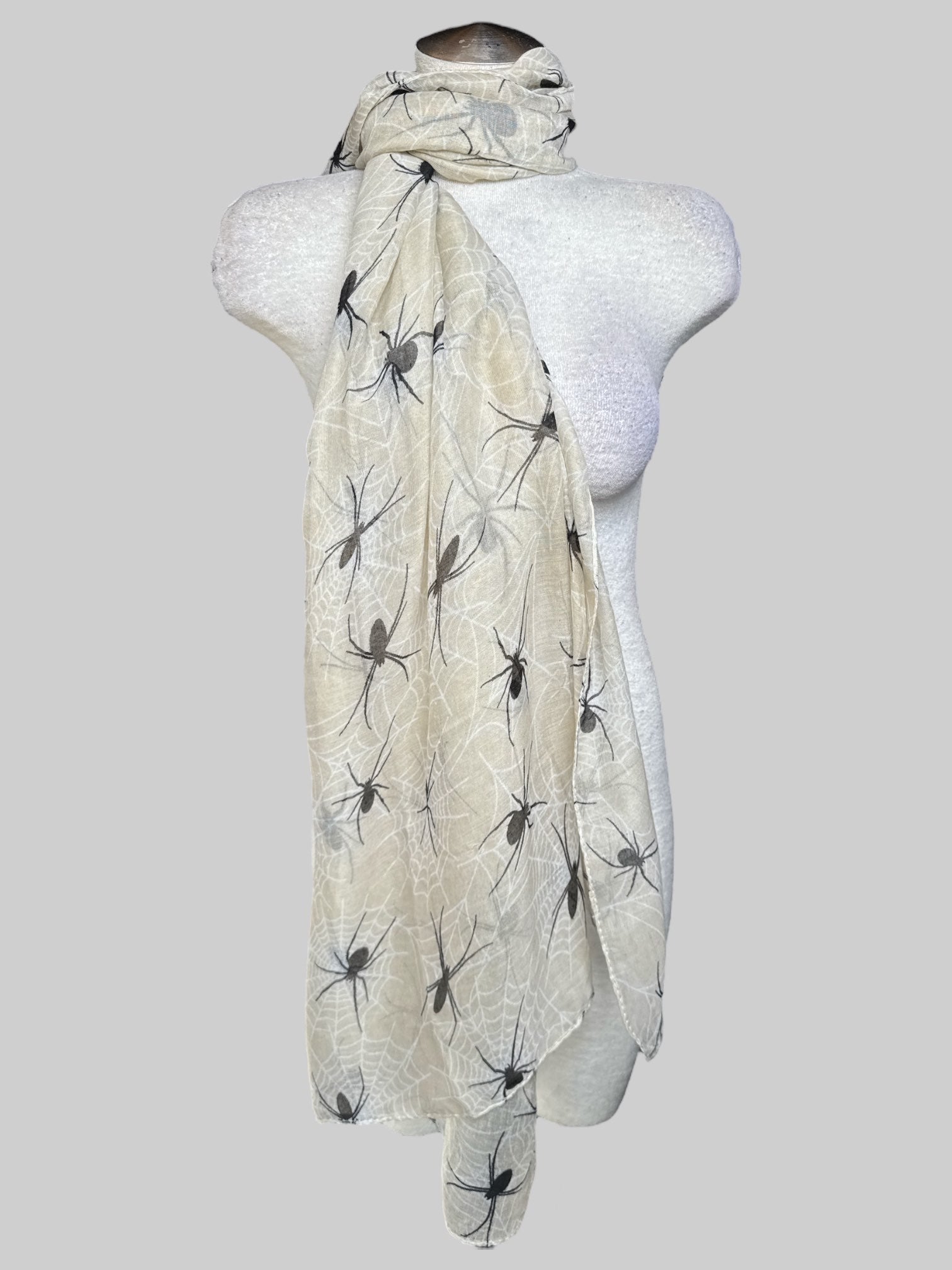 White and tan black spider and spider web scarf