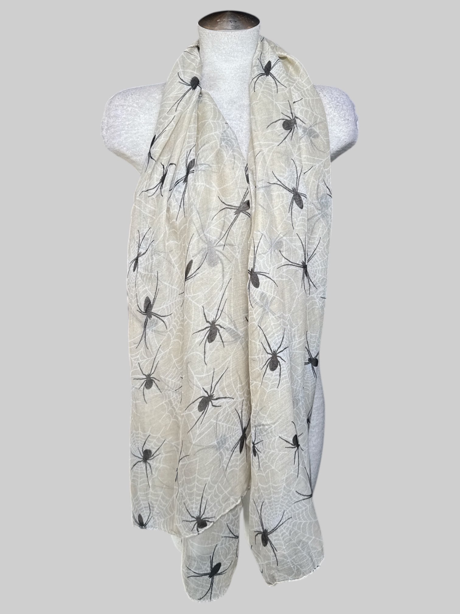 White and tan black spider and spider web scarf