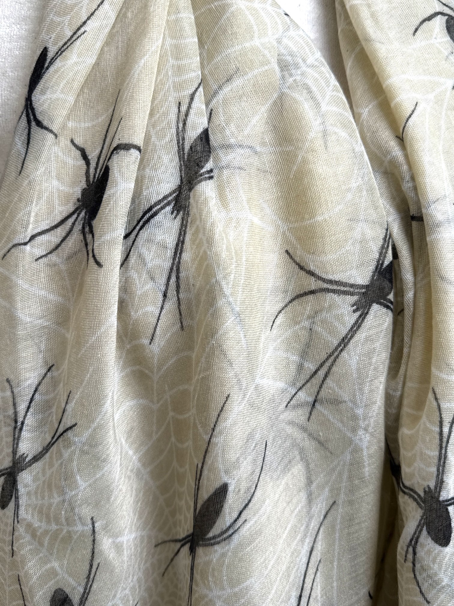 White and tan black spider and spider web scarf
