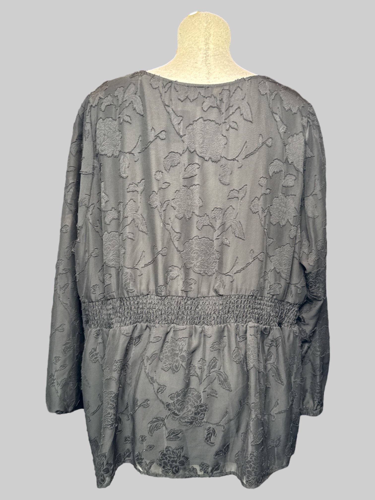 4X black long sleeve blouse with velvet burnout florals, shirred back, and sheer balloon sleeves