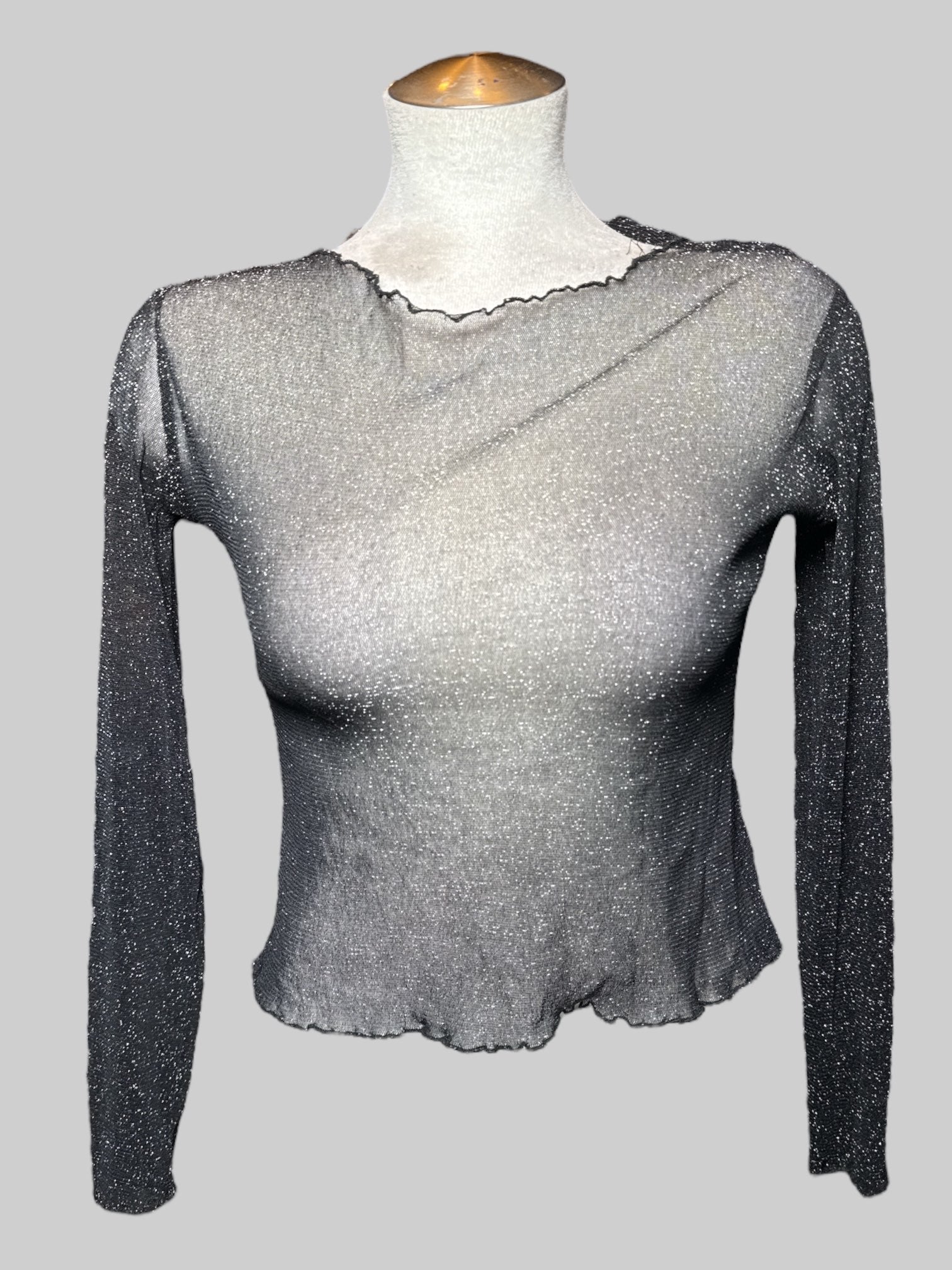 XL black and silver metallic mesh long sleeve blouse with lettuce trim