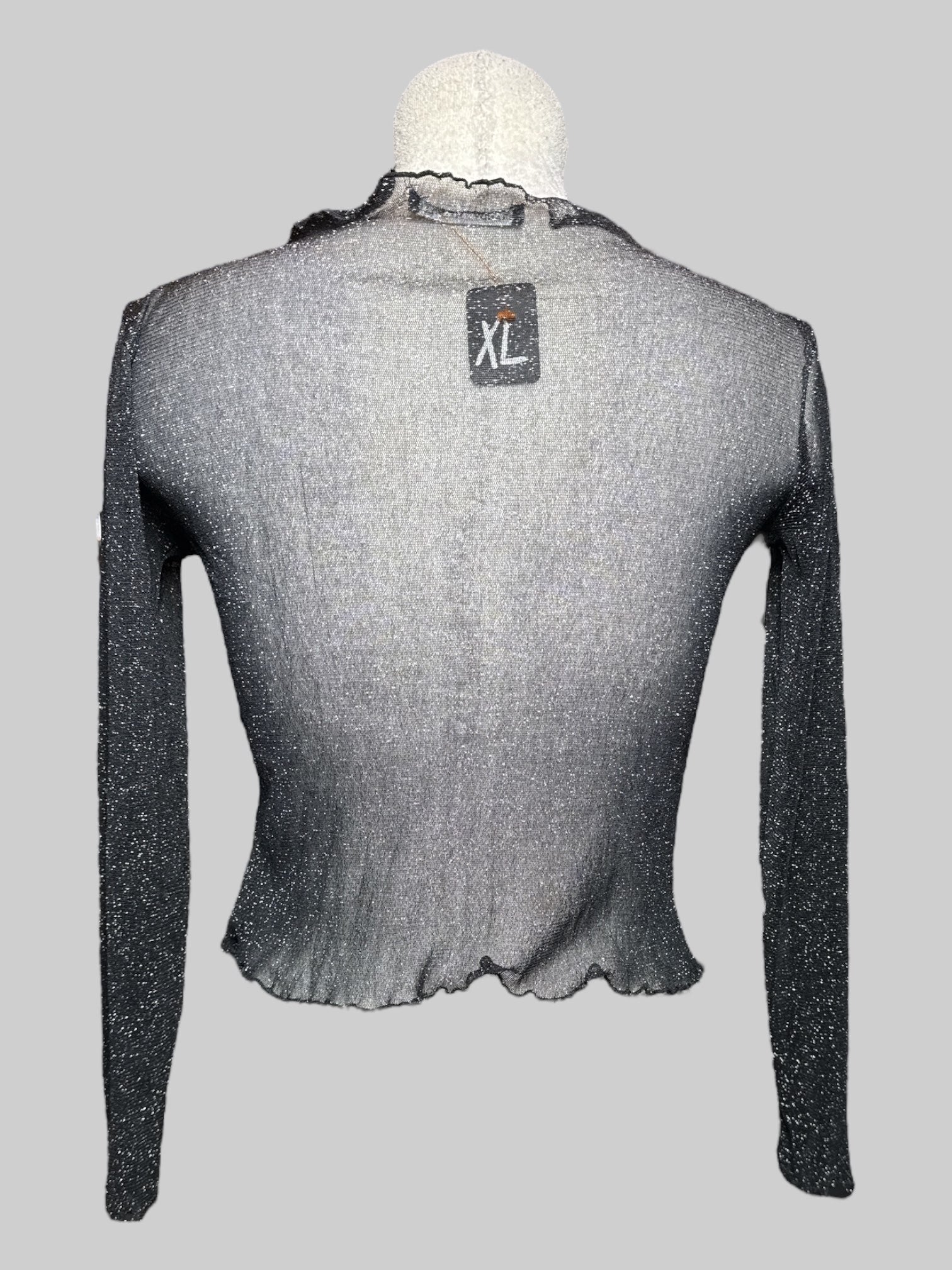 XL black and silver metallic mesh long sleeve blouse with lettuce trim