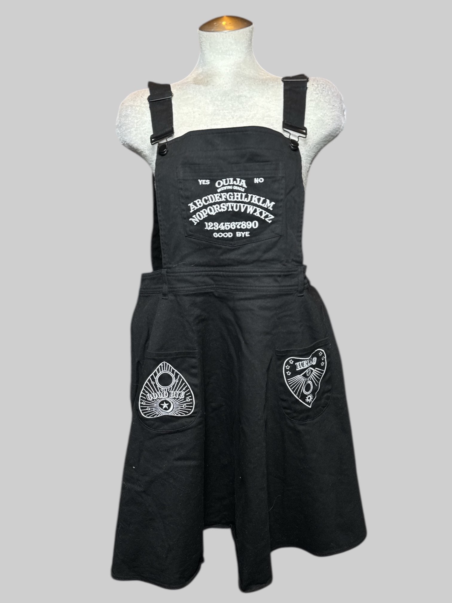 XL black overall skirt with Ouija embroidery