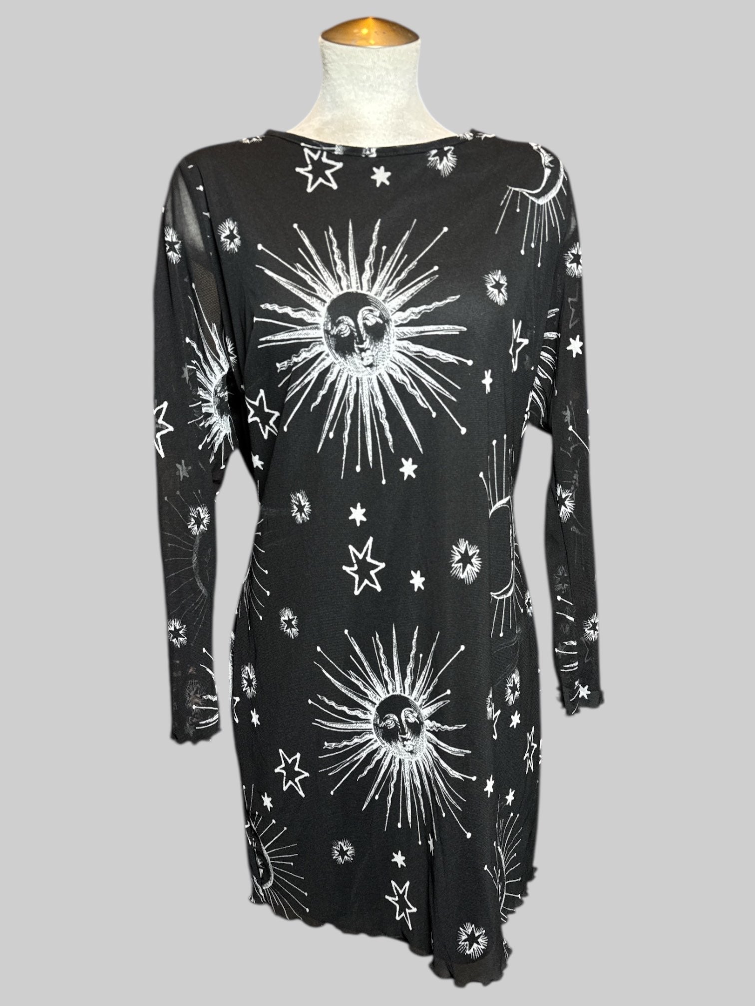 XL black body con dress with white celestial design and sheer long sleeves