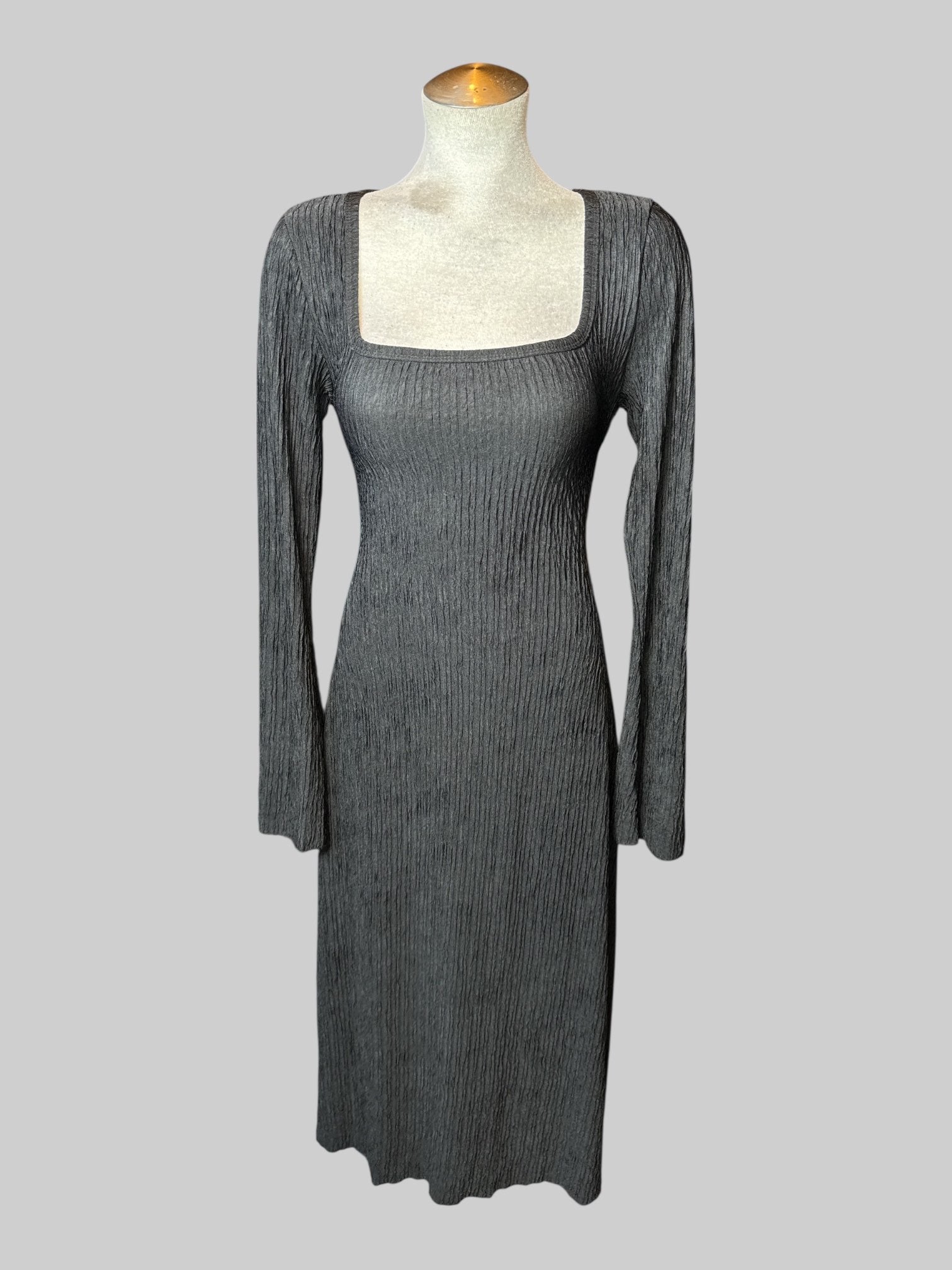 M black long sleeve ripped texture dress with square neckline, and lacing on back