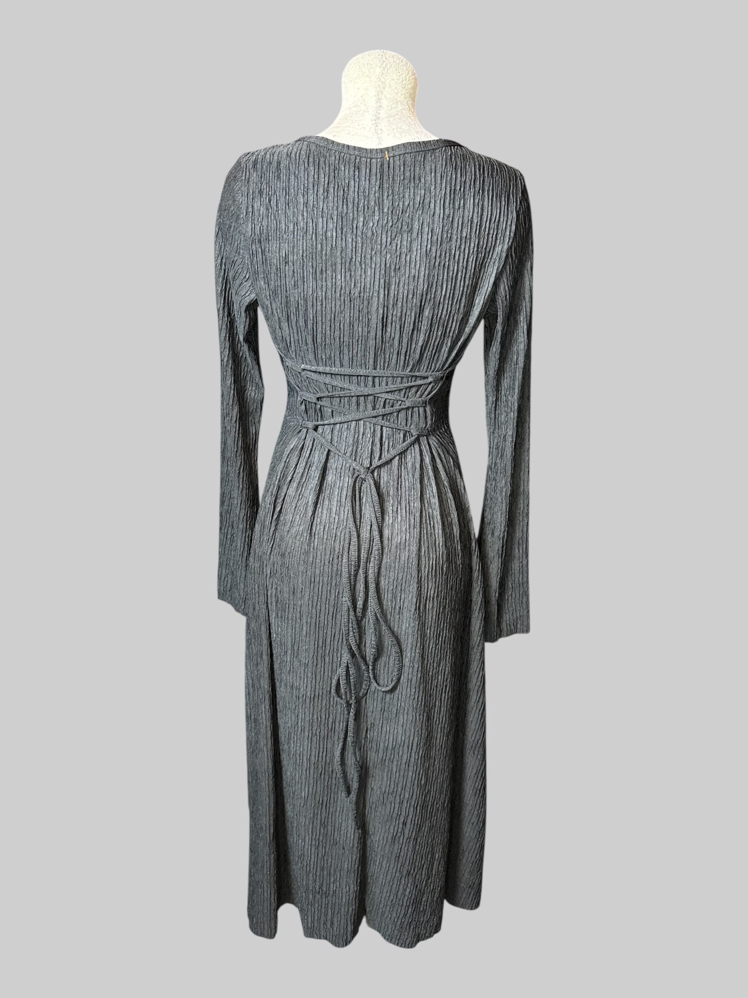 M black long sleeve ripped texture dress with square neckline, and lacing on back