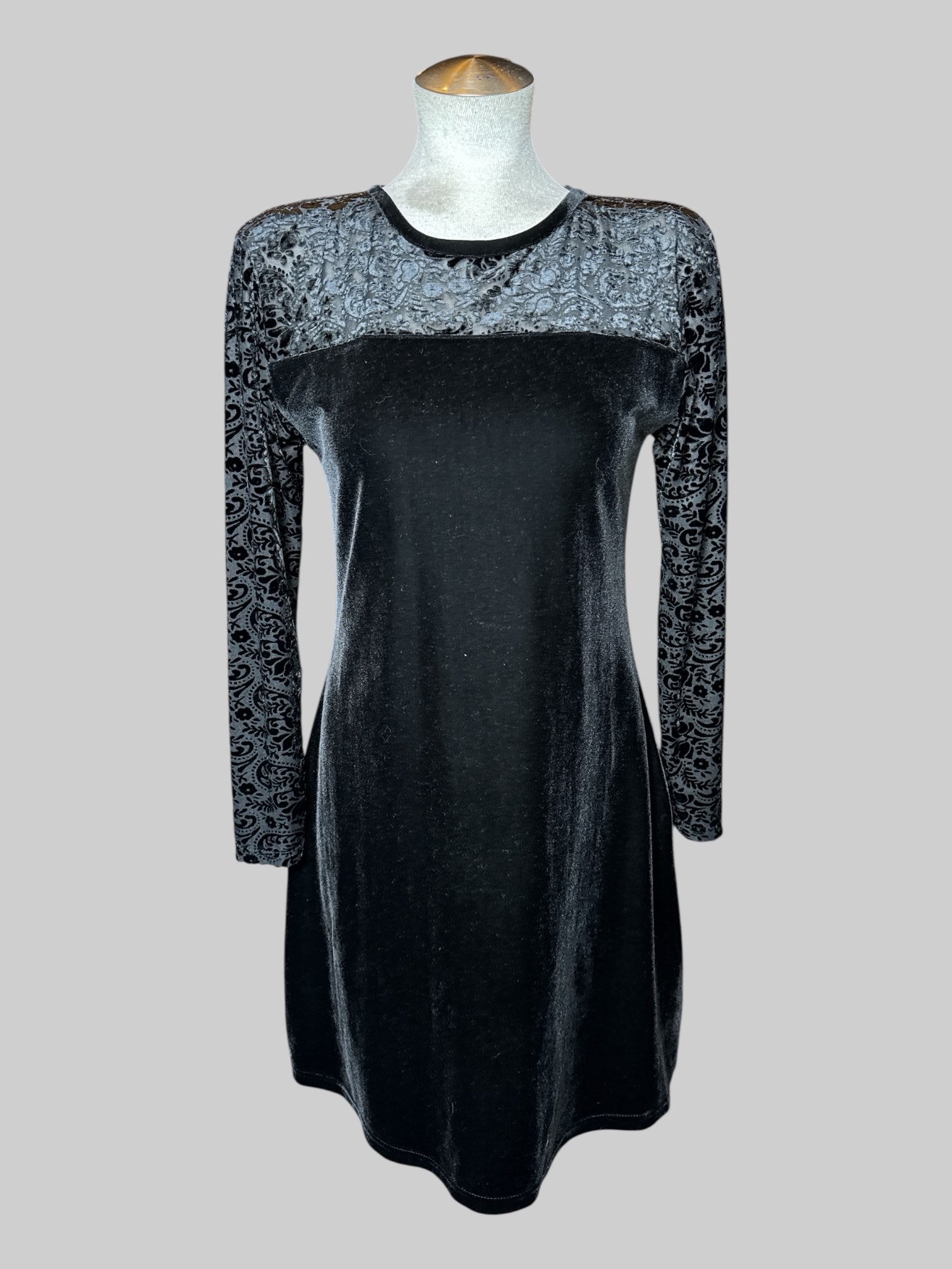 M vintage black long sleeve velvet dress with floral and paisley burnout design on top and sleeves, and zipper on back
